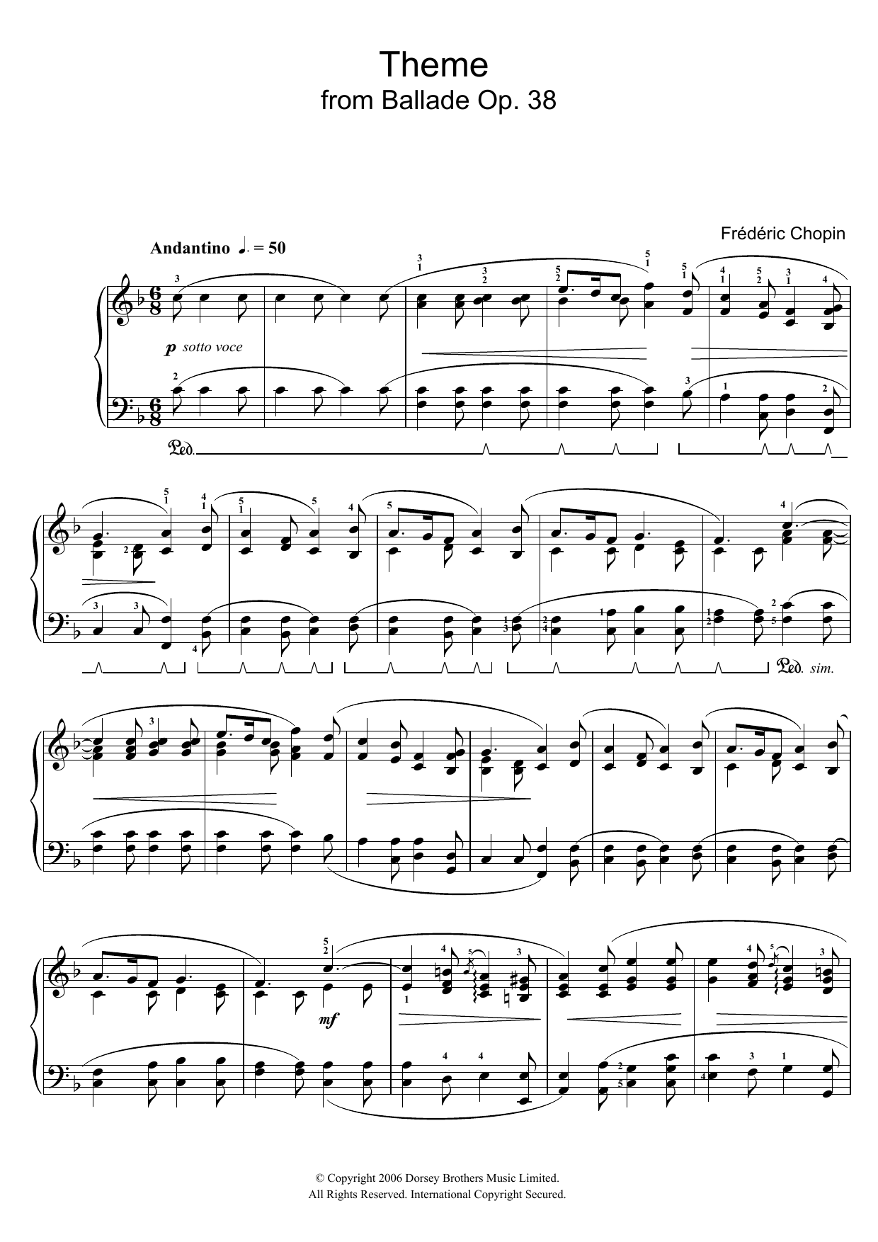 Frédéric Chopin Ballade Op. 38 (Theme) sheet music notes and chords arranged for Piano Solo