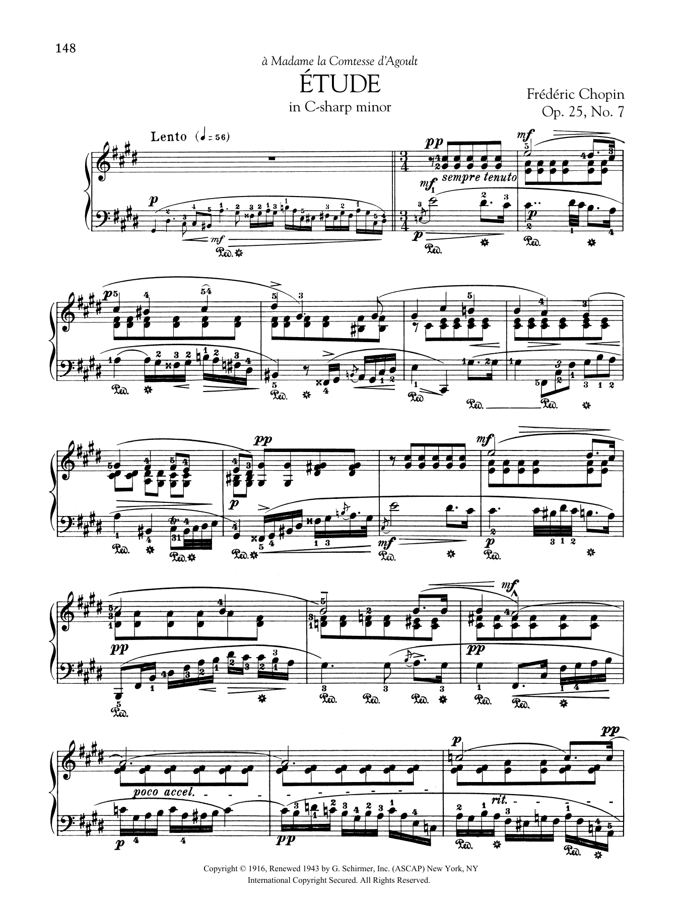 Frédéric Chopin Etude in C-sharp minor, Op. 25, No. 7 sheet music notes and chords arranged for Piano Solo