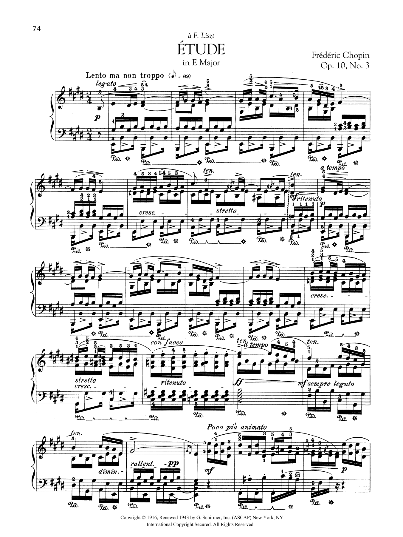 Frédéric Chopin Etude in E Major, Op. 10, No. 3 sheet music notes and chords arranged for Piano Solo