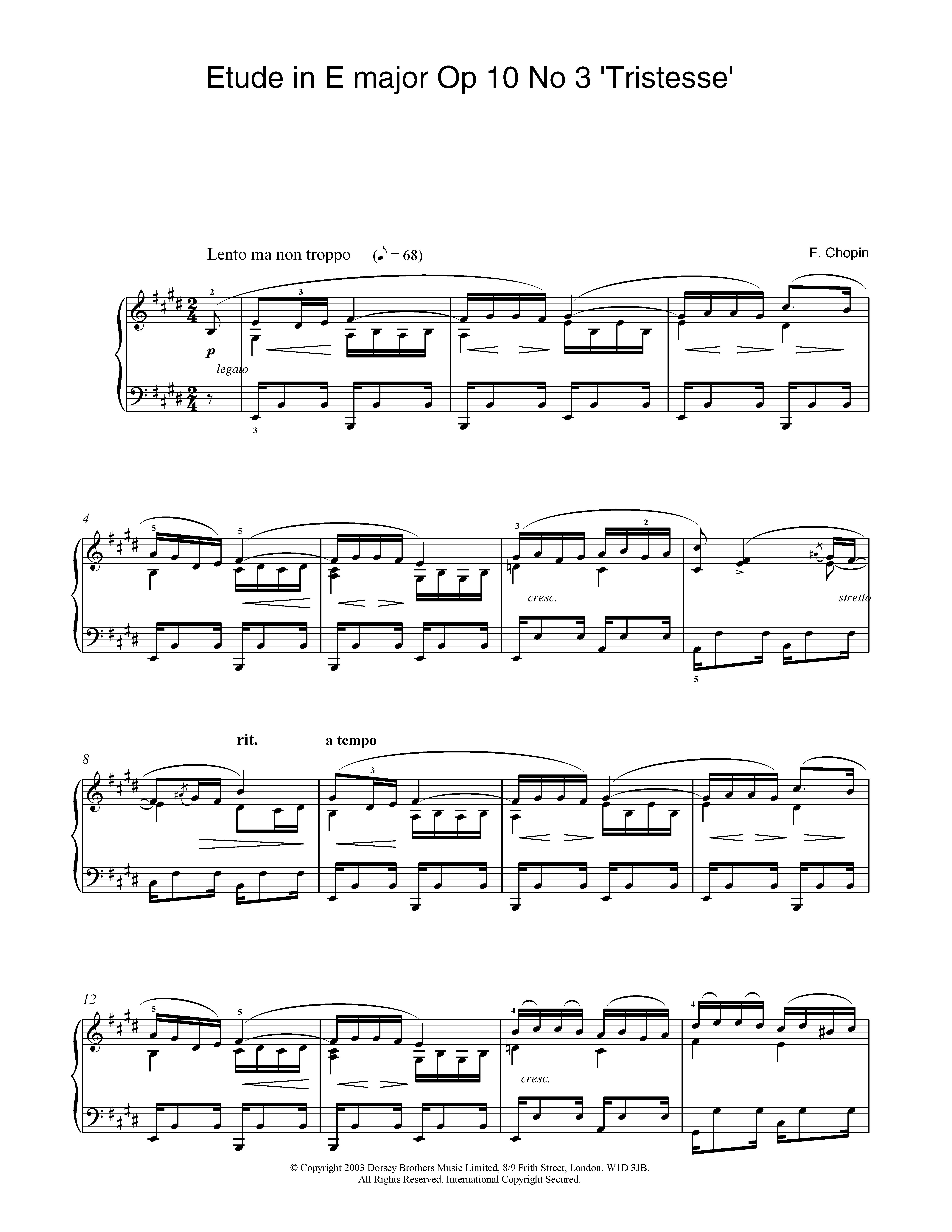 Frederic Chopin Etude In E Major, Op. 10, No. 3 (Tristesse) sheet music notes and chords arranged for Piano Solo