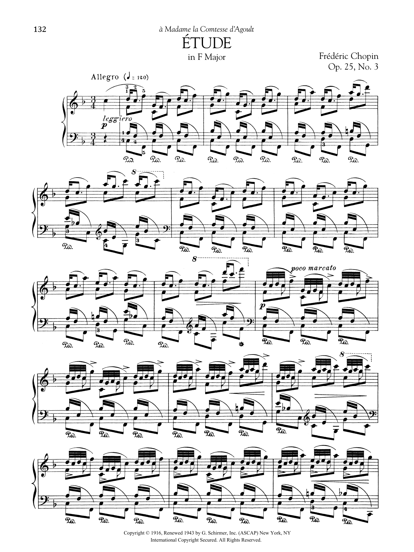 Frédéric Chopin Etude in F Major, Op. 25, No. 3 sheet music notes and chords arranged for Piano Solo