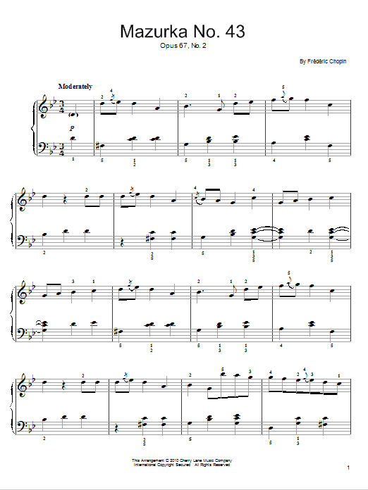 Frederic Chopin Mazurka  Op. 67, No. 2 sheet music notes and chords arranged for Easy Piano