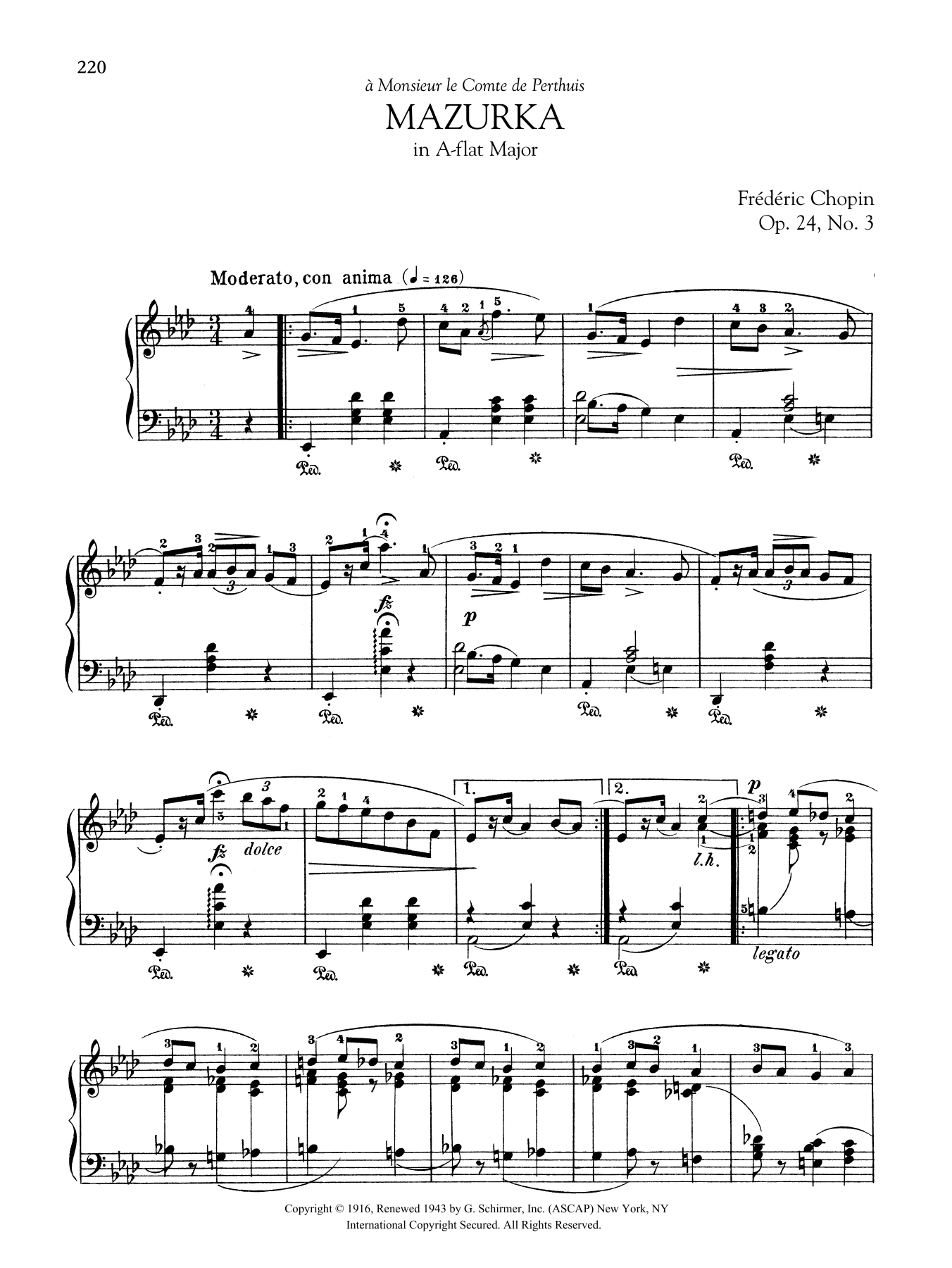 Frédéric Chopin Mazurka in A-flat Major, Op. 24, No. 3 sheet music notes and chords arranged for Piano Solo