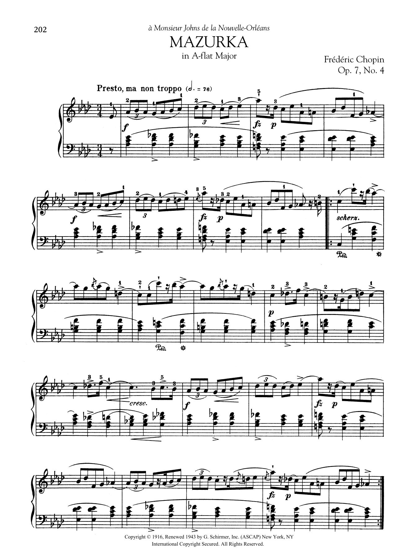 Frédéric Chopin Mazurka in A-flat Major, Op. 7, No. 4 sheet music notes and chords arranged for Piano Solo