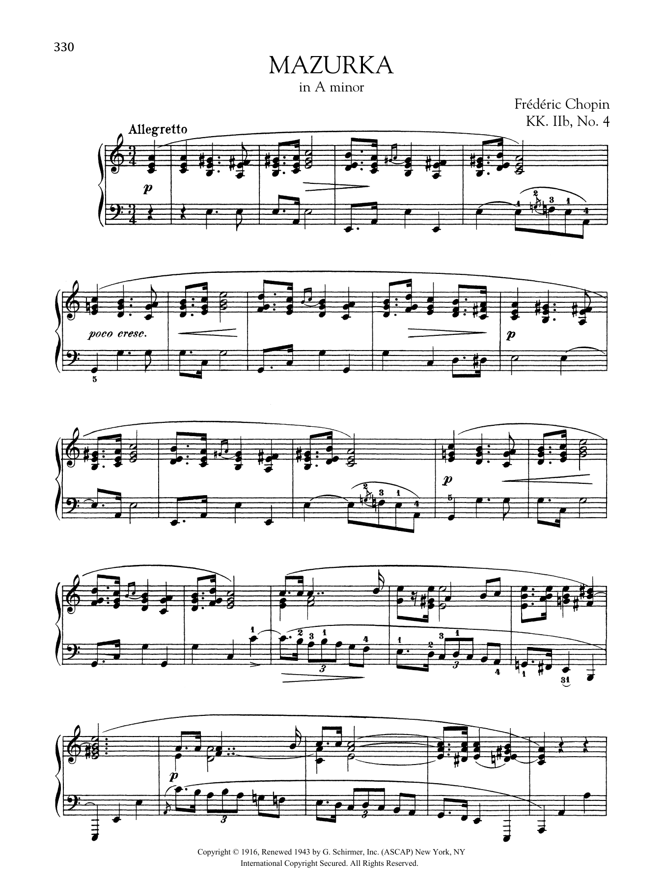Frederic Chopin Mazurka In A Minor, KK IIb, No. 4 sheet music notes and chords arranged for Piano Solo