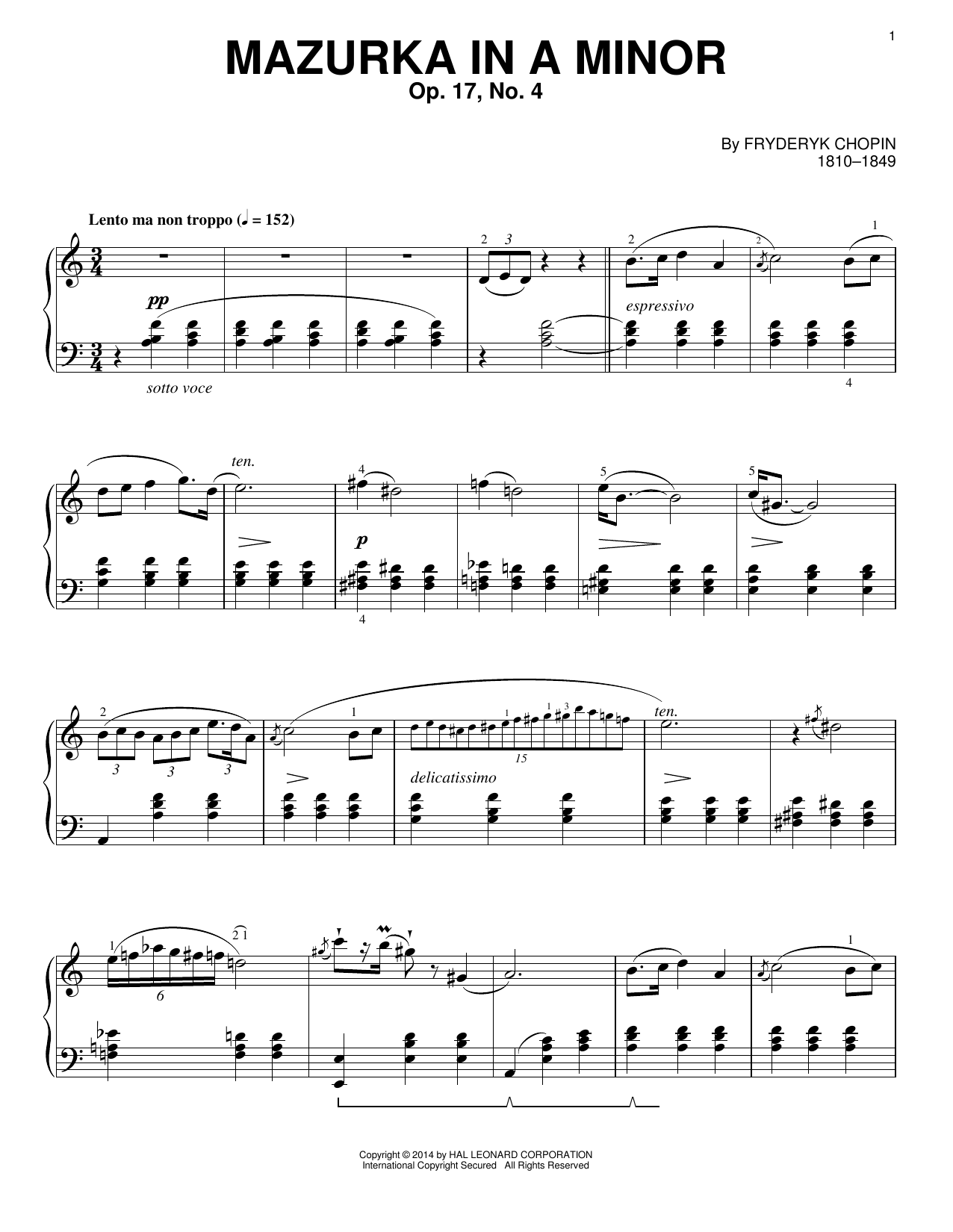 Frédéric Chopin Mazurka in A minor, Op. 17, No. 4 sheet music notes and chords arranged for Piano Solo