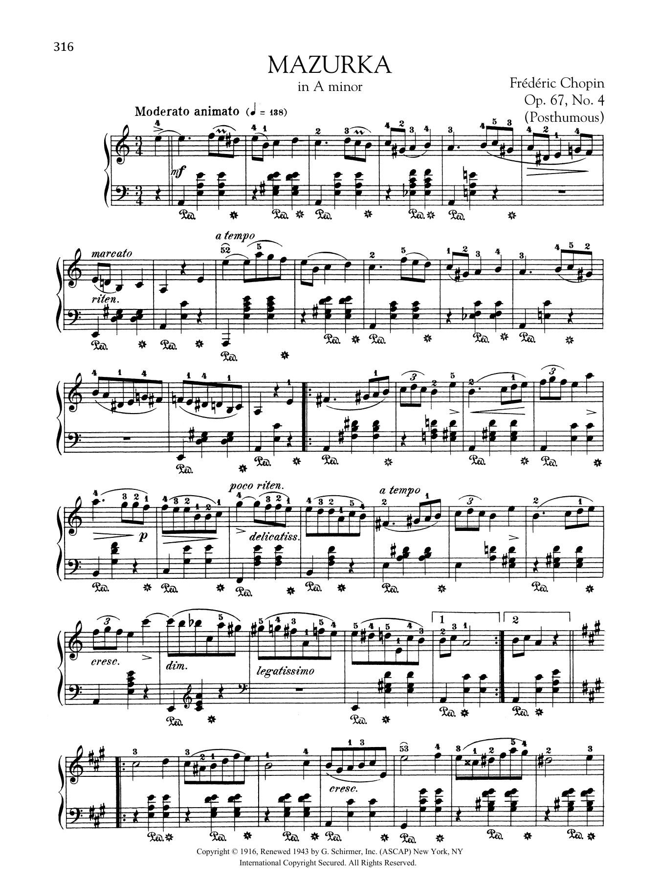 Frédéric Chopin Mazurka in A minor, Op. 67, No. 4 (Posthumous) sheet music notes and chords arranged for Piano Solo