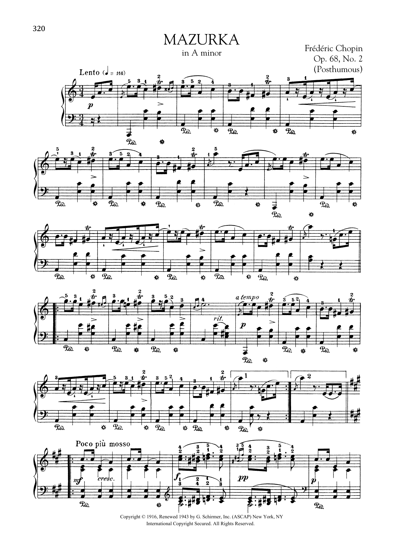 Frédéric Chopin Mazurka in A minor, Op. 68, No. 2 (Posthumous) sheet music notes and chords arranged for Piano Solo