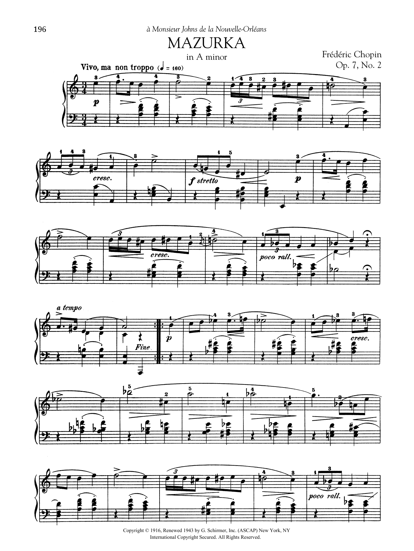 Frédéric Chopin Mazurka in A minor, Op. 7, No. 2 sheet music notes and chords arranged for Piano Solo