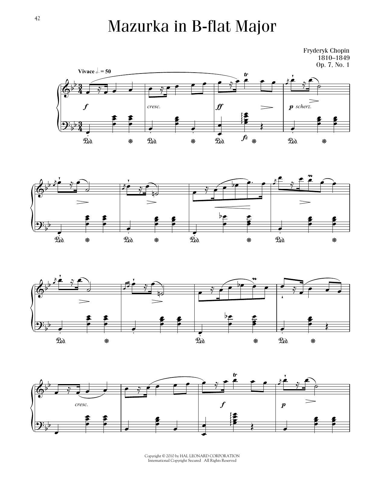 Frédéric Chopin Mazurka In B-Flat Major, Op. 7, No. 1 sheet music notes and chords arranged for Piano Solo