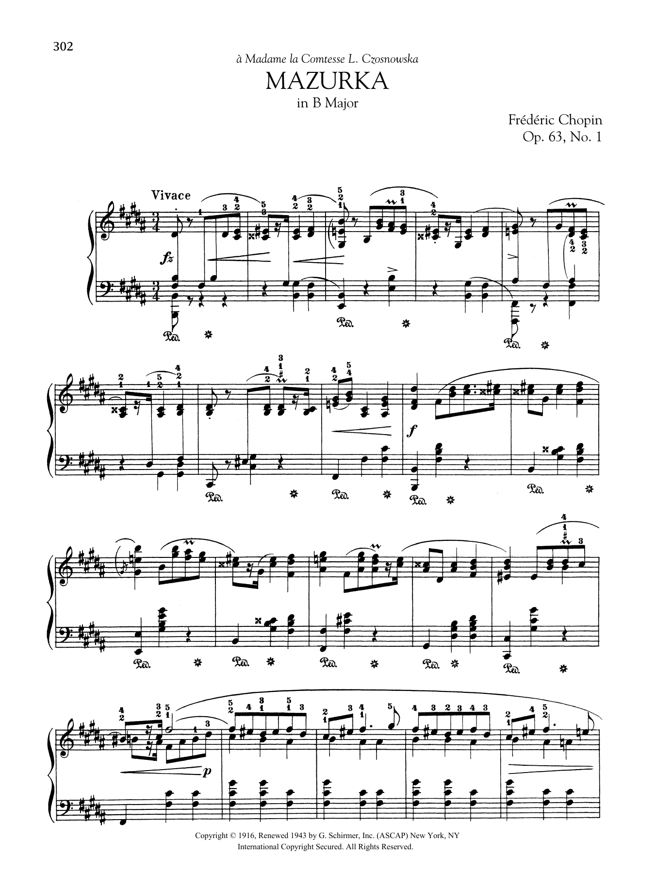 Frédéric Chopin Mazurka in B Major, Op. 63, No. 1 sheet music notes and chords arranged for Piano Solo