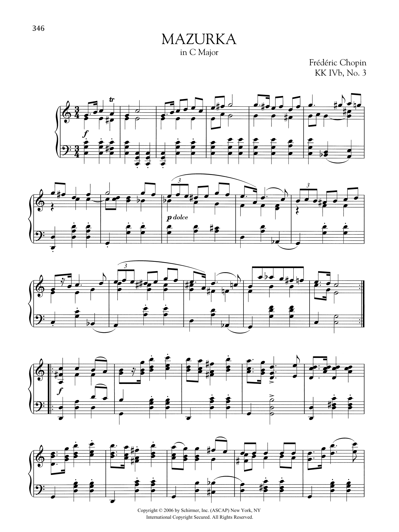 Frédéric Chopin Mazurka in C Major, KK. IVb, No. 3 sheet music notes and chords arranged for Piano Solo
