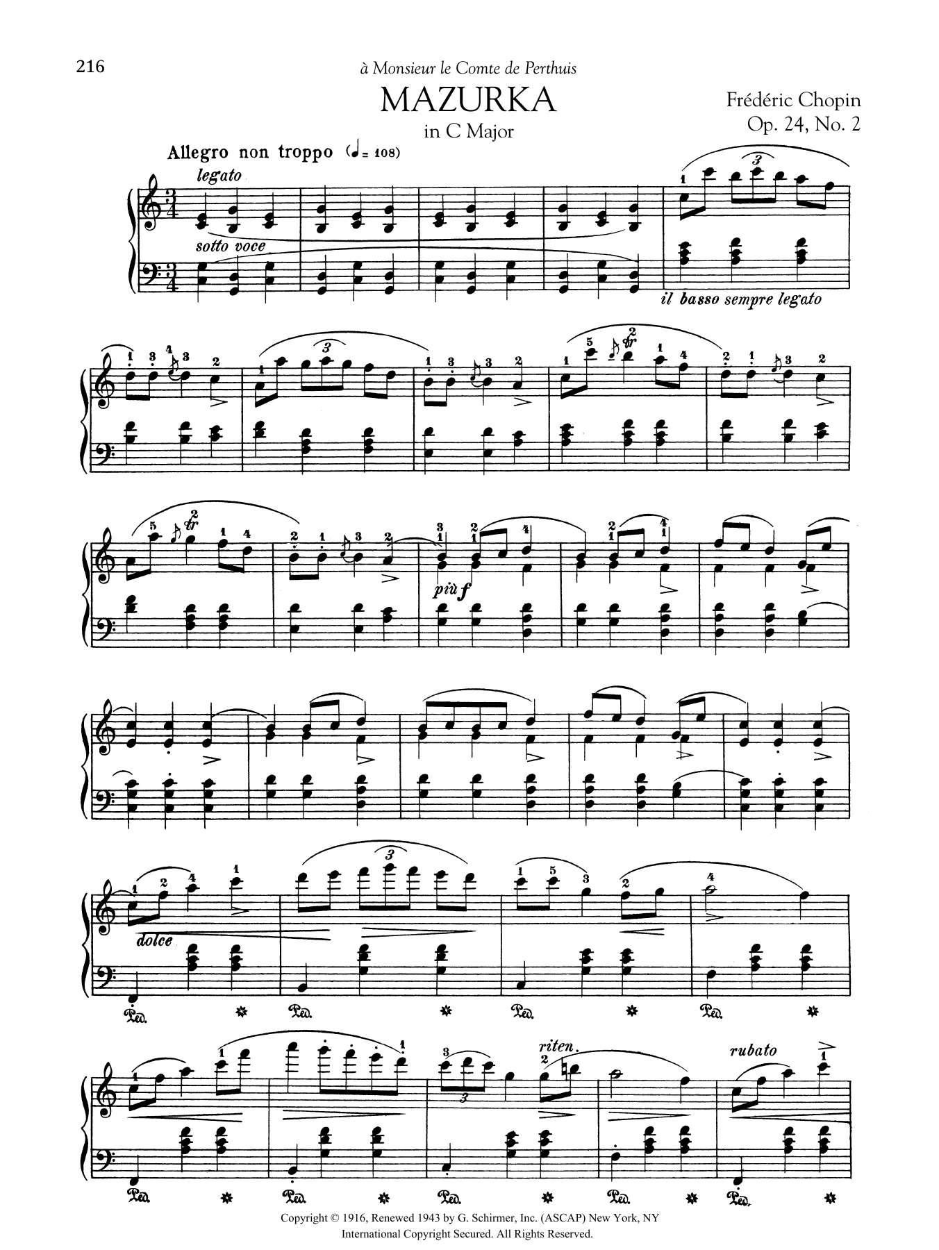 Frédéric Chopin Mazurka in C Major, Op. 24, No. 2 sheet music notes and chords arranged for Piano Solo
