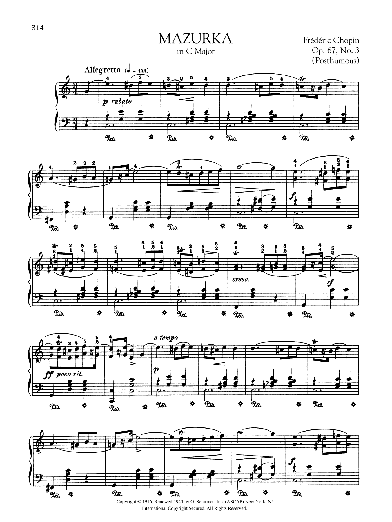 Frédéric Chopin Mazurka in C Major, Op. 67, No. 3 (Posthumous) sheet music notes and chords arranged for Piano Solo