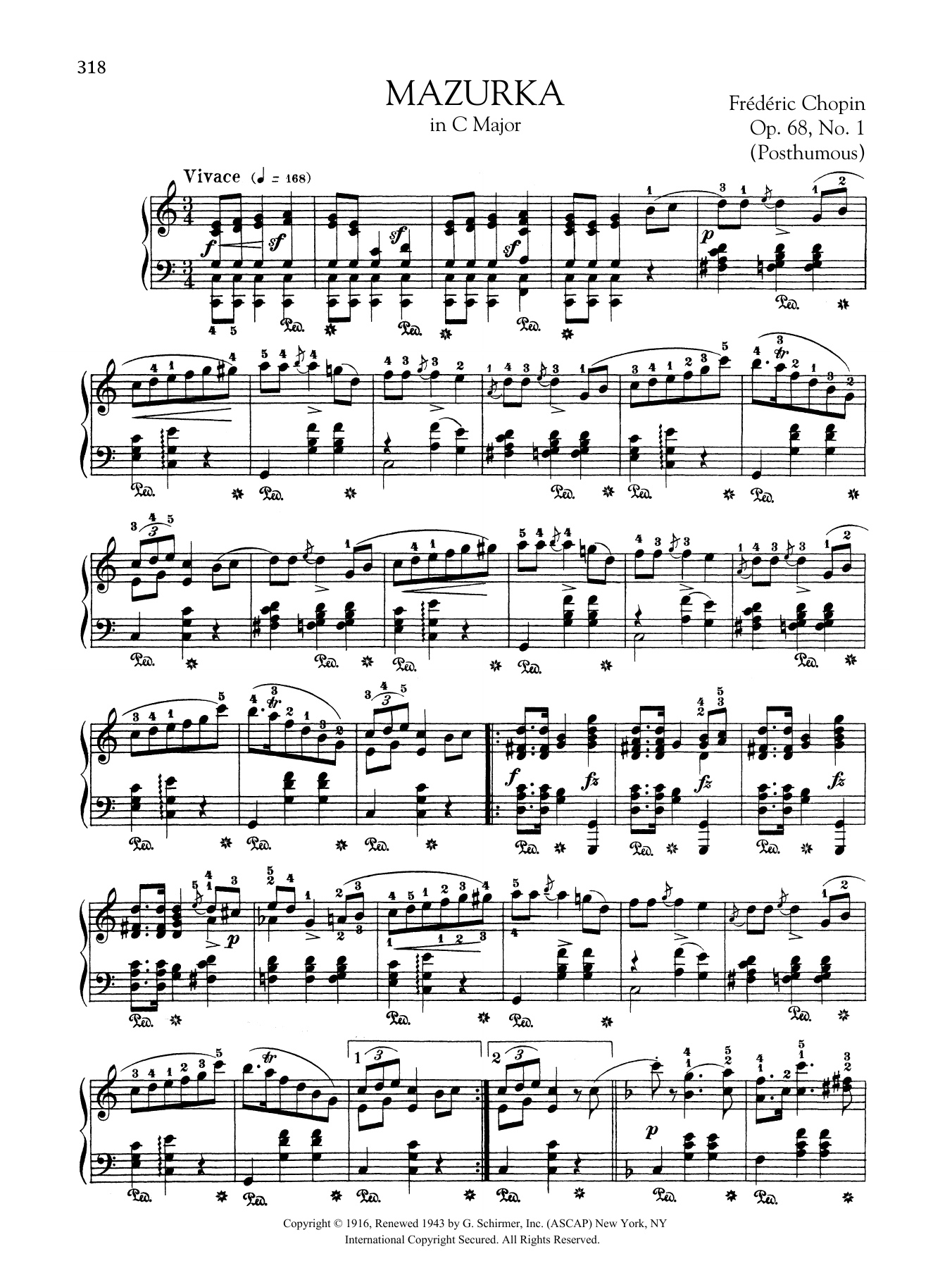Frédéric Chopin Mazurka in C Major, Op. 68, No. 1 (Posthumous) sheet music notes and chords arranged for Piano Solo