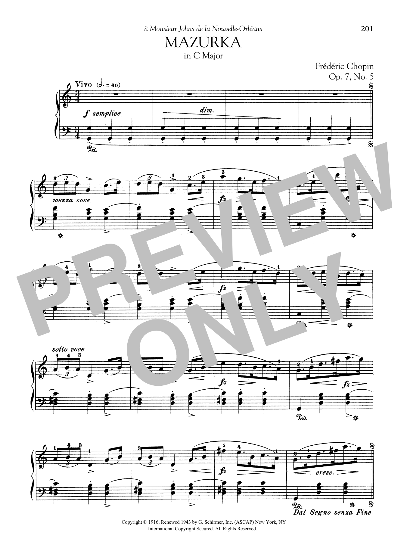 Frédéric Chopin Mazurka in C Major, Op. 7, No. 5 sheet music notes and chords arranged for Piano Solo