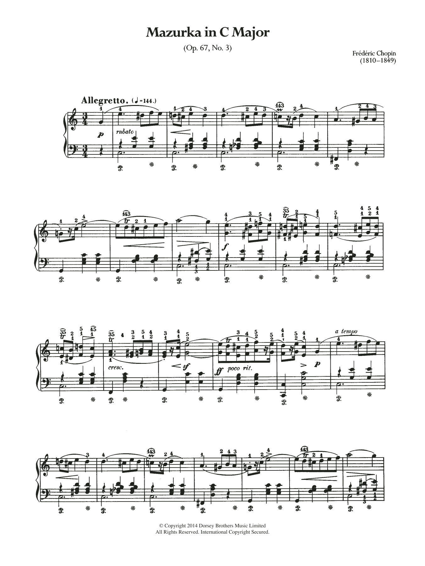 Frédéric Chopin Mazurka In C Major, Op.67 No.3 sheet music notes and chords arranged for Piano Solo