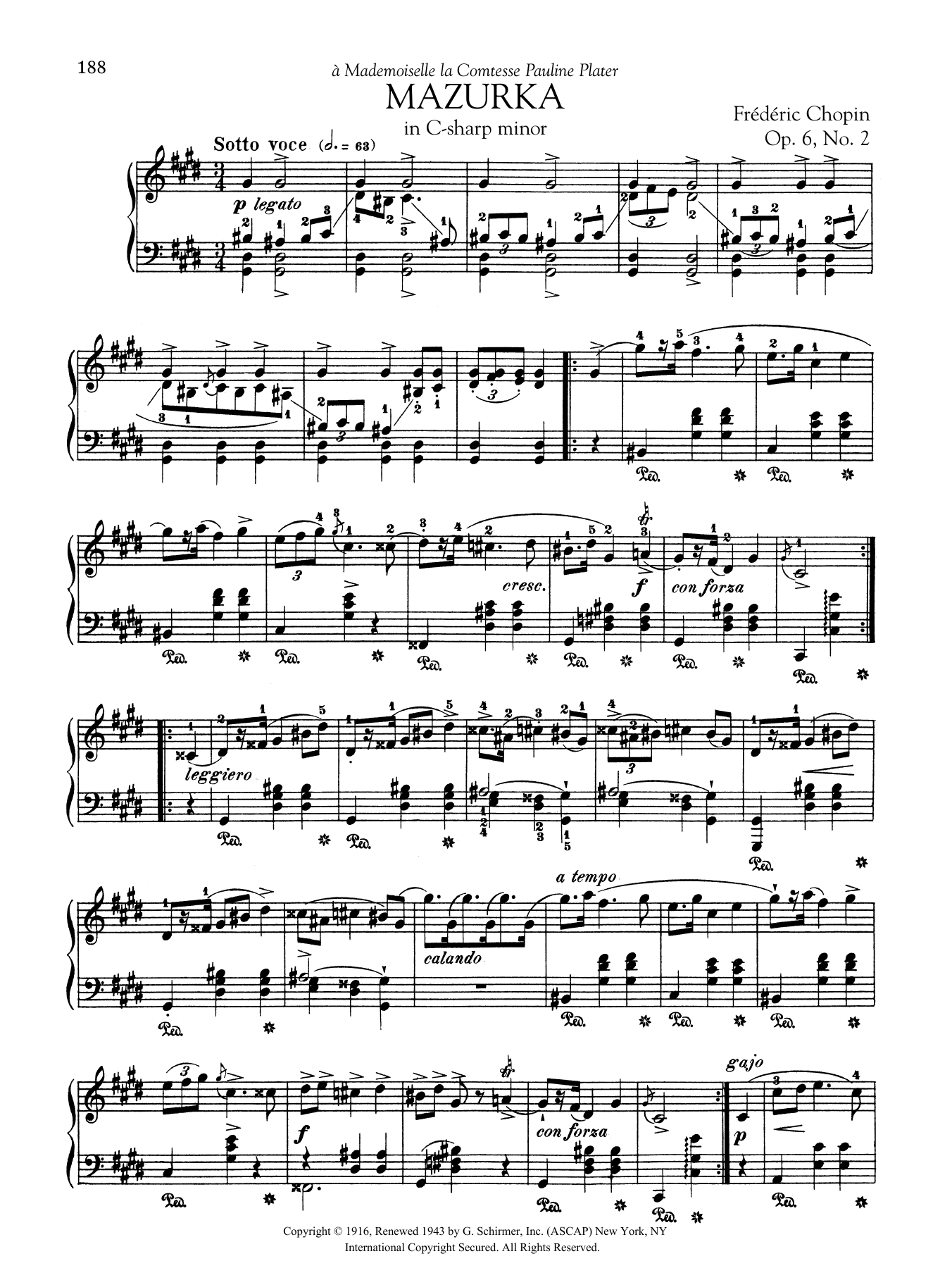 Frédéric Chopin Mazurka in C-sharp minor, Op. 6, No. 2 sheet music notes and chords arranged for Piano Solo