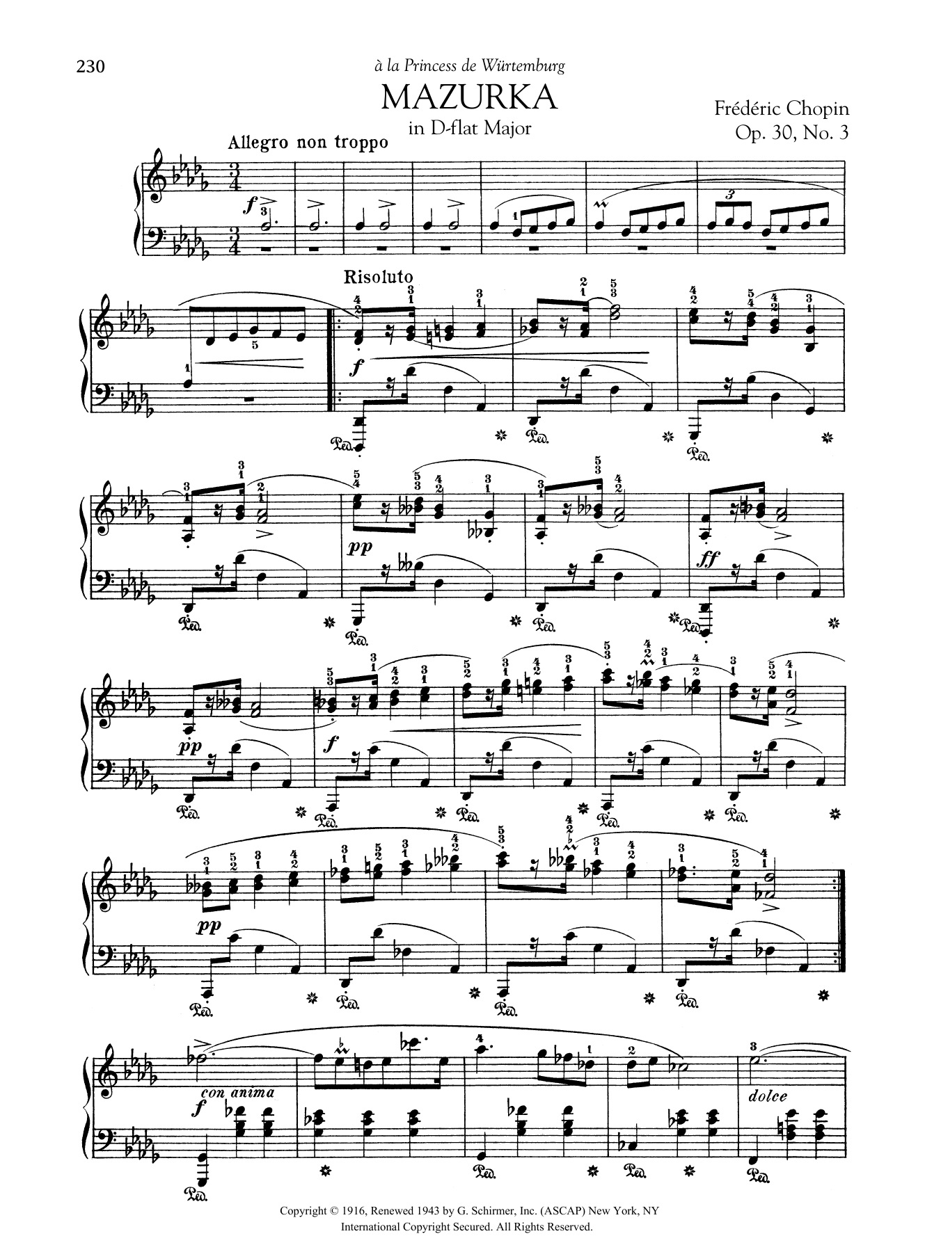 Frédéric Chopin Mazurka in D-flat Major, Op. 30, No. 3 sheet music notes and chords arranged for Piano Solo