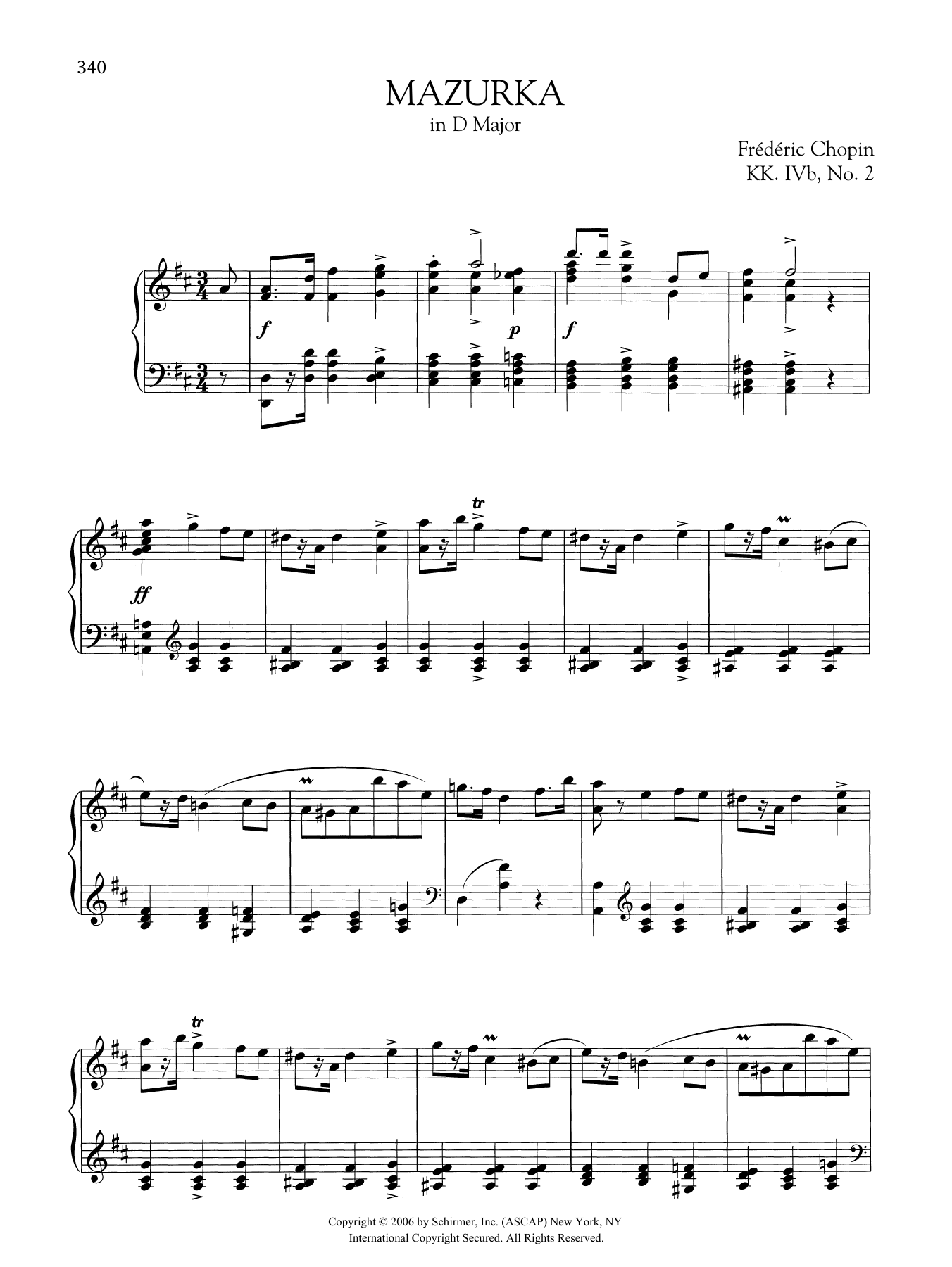 Frédéric Chopin Mazurka in D Major, KK. IVb, No. 2 sheet music notes and chords arranged for Piano Solo