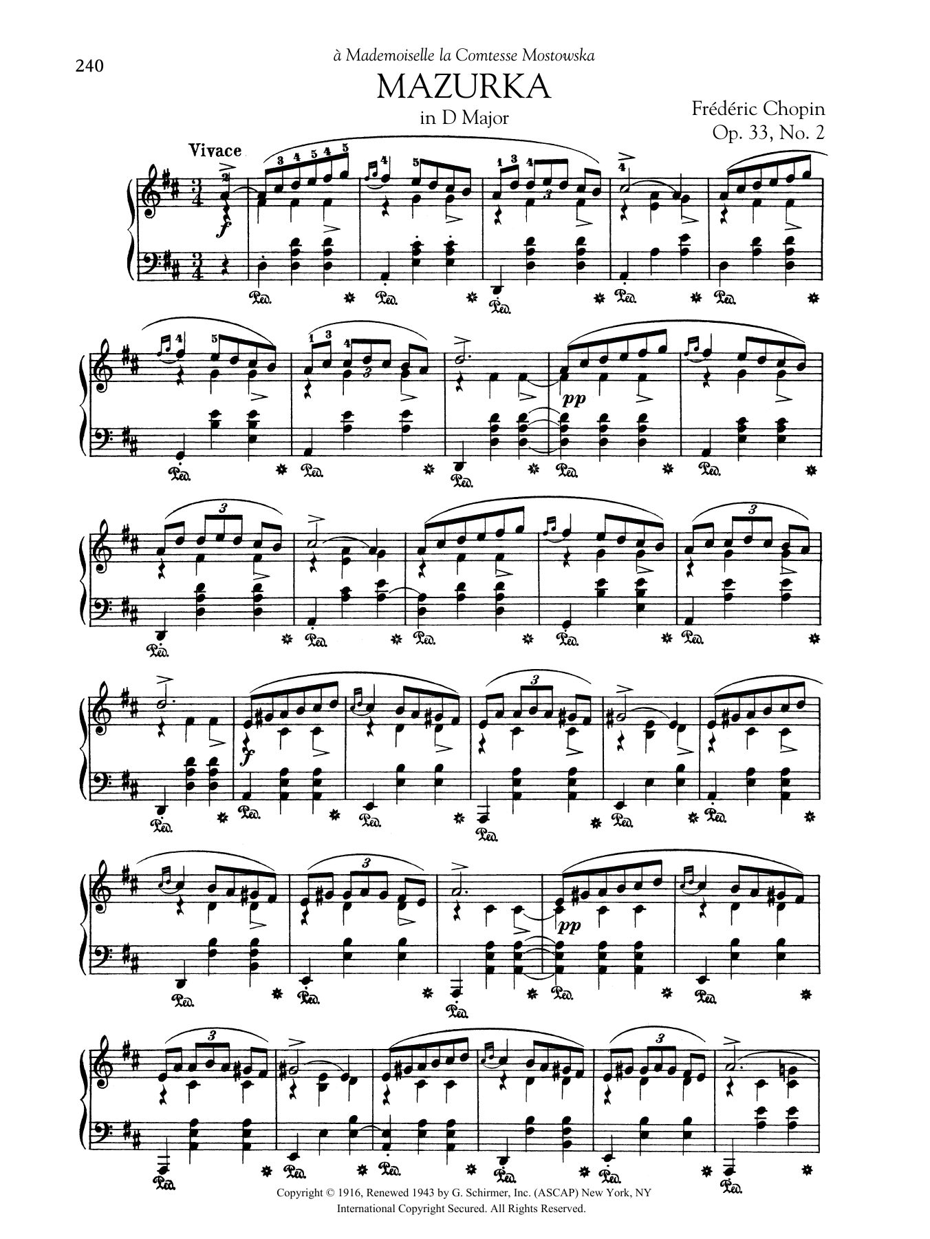 Frédéric Chopin Mazurka in D Major, Op. 33, No. 2 sheet music notes and chords arranged for Piano Solo