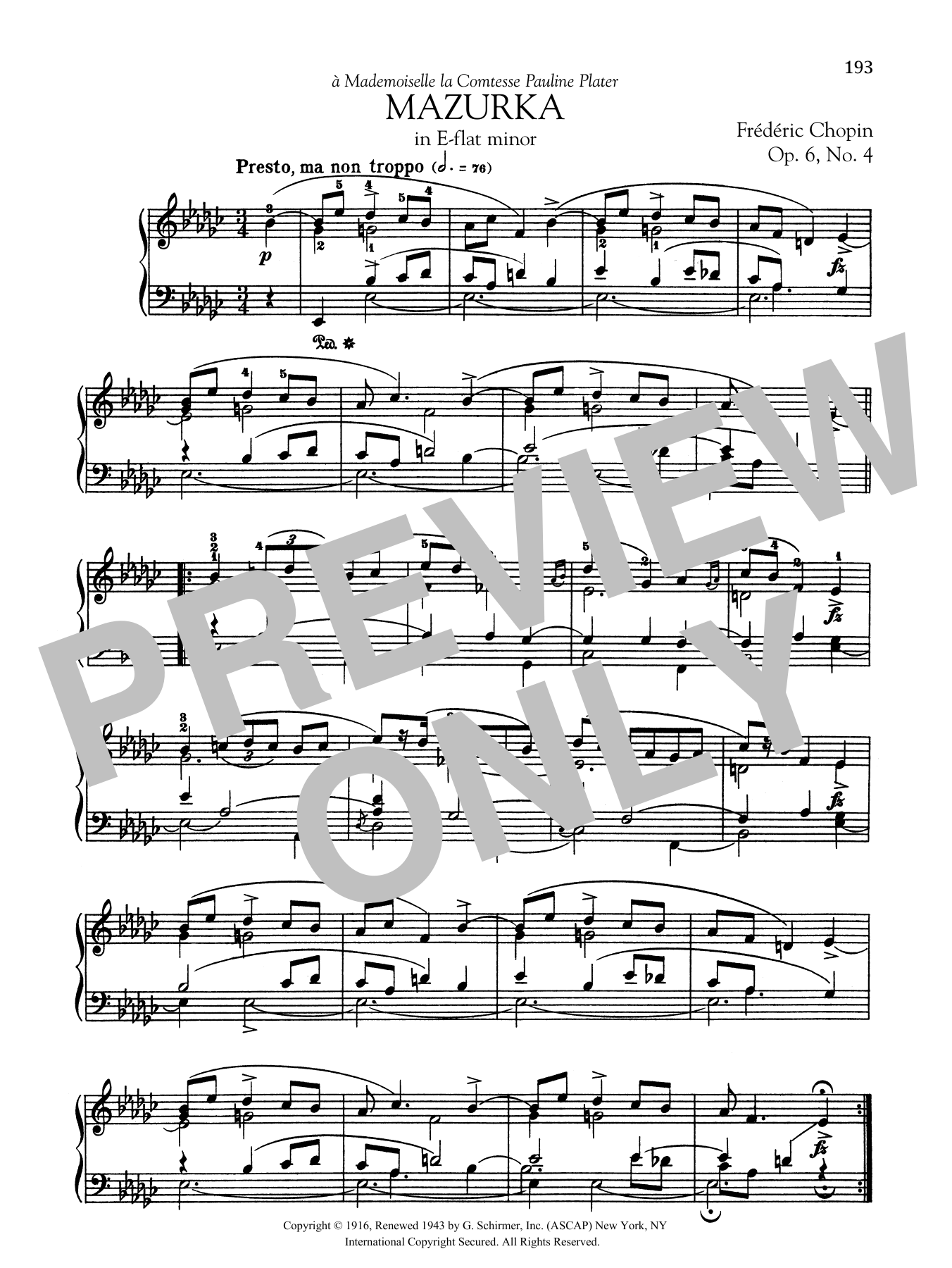 Frédéric Chopin Mazurka in E-flat minor, Op. 6, No. 4 sheet music notes and chords arranged for Piano Solo