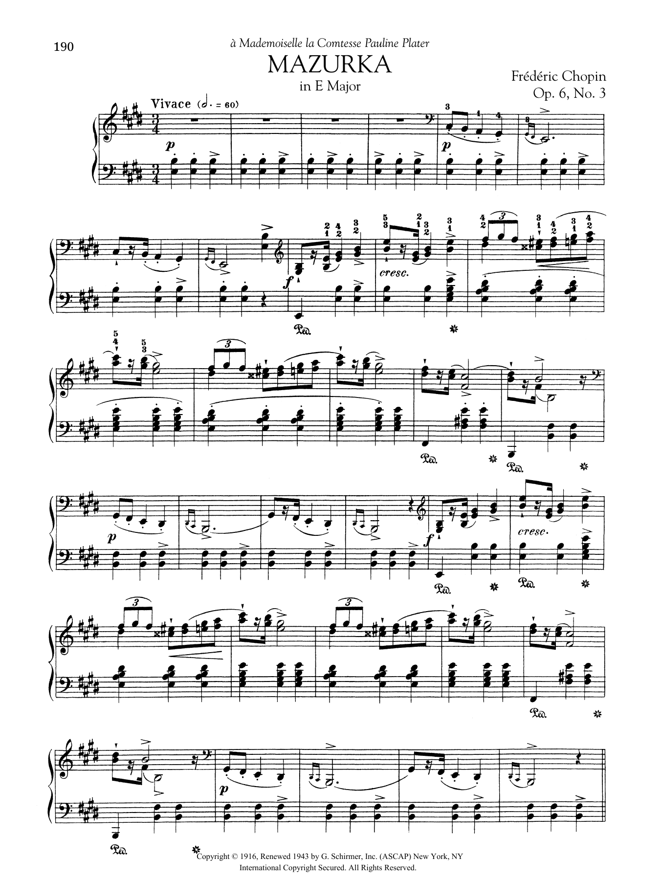 Frédéric Chopin Mazurka in E Major, Op. 6, No. 3 sheet music notes and chords arranged for Piano Solo