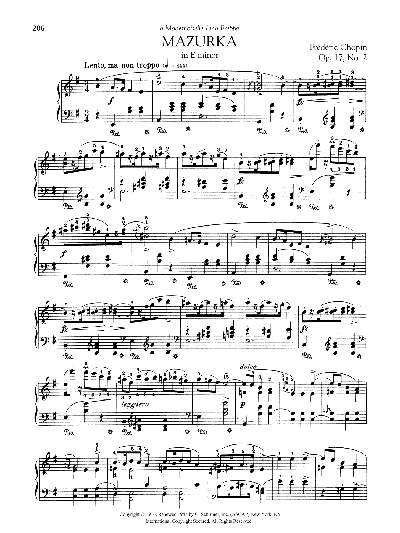 Frédéric Chopin Mazurka in E minor, Op. 17, No. 2 sheet music notes and chords arranged for Piano Solo