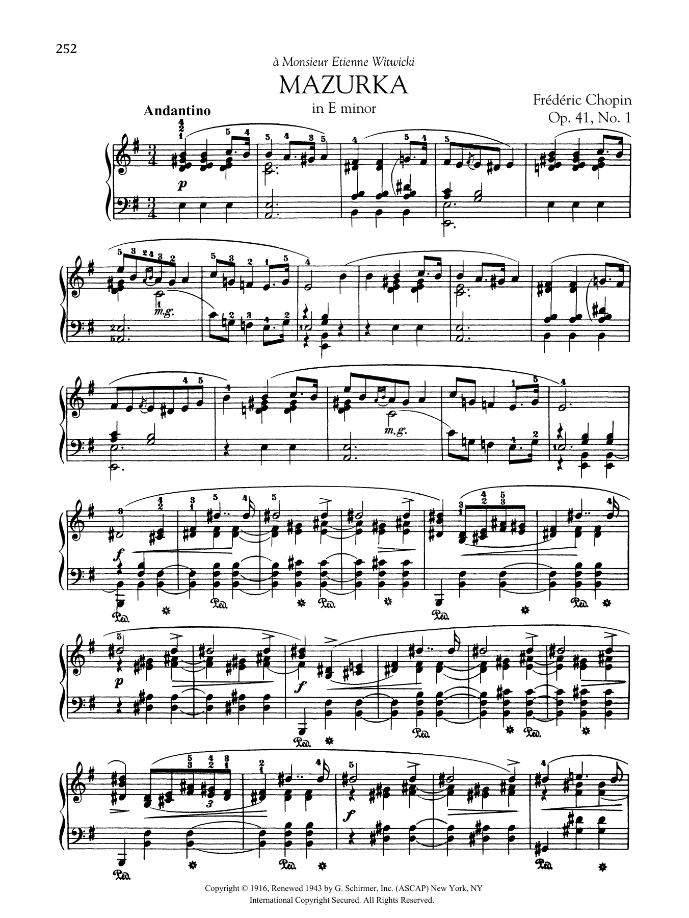 Frédéric Chopin Mazurka in E minor, Op. 41, No. 1 sheet music notes and chords arranged for Piano Solo