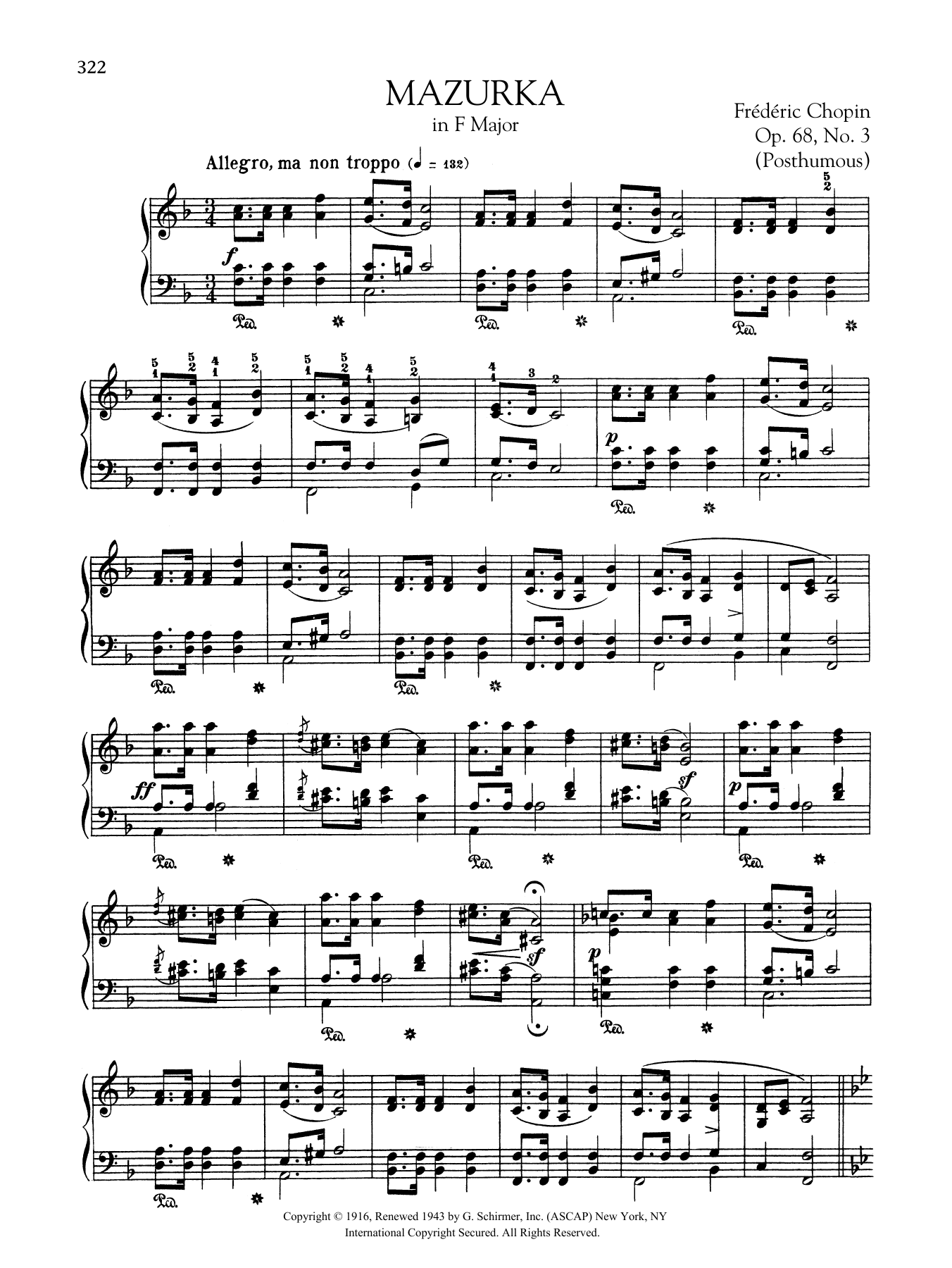 Frédéric Chopin Mazurka in F Major, Op. 68, No. 3 (Posthumous) sheet music notes and chords arranged for Piano Solo