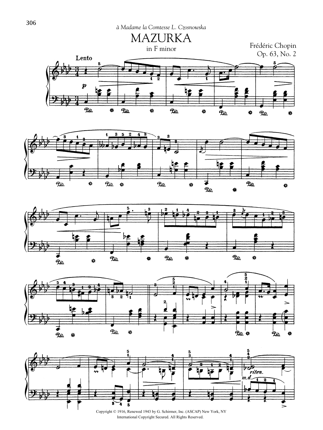 Frédéric Chopin Mazurka in F minor, Op. 63, No. 2 sheet music notes and chords arranged for Piano Solo