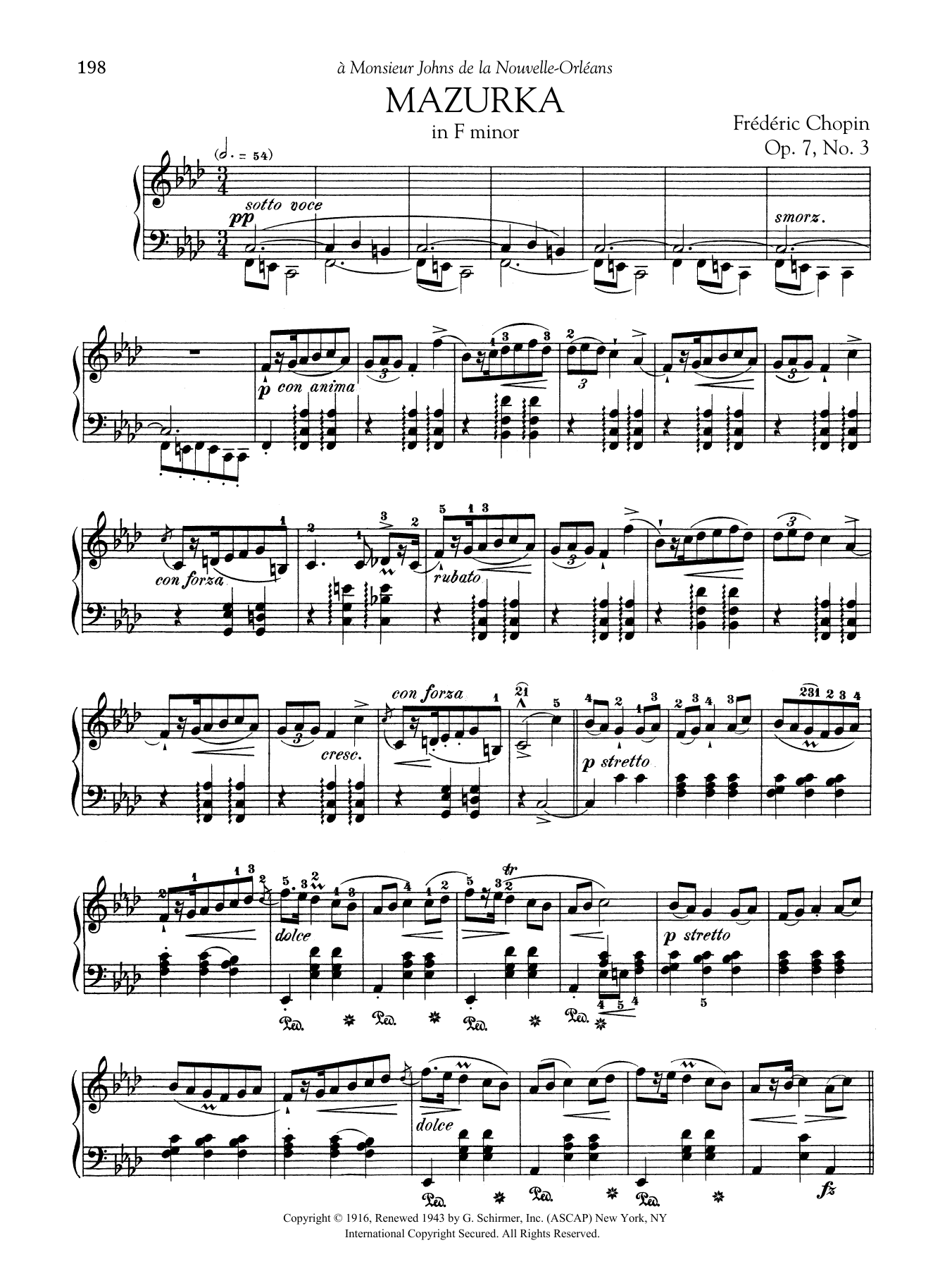 Frédéric Chopin Mazurka in F minor, Op. 7, No. 3 sheet music notes and chords arranged for Piano Solo
