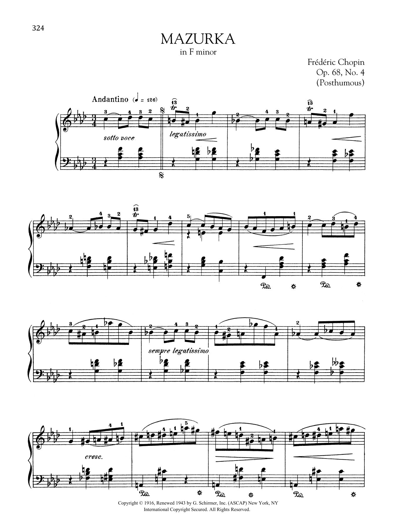Frédéric Chopin Mazurka in F minor, Op.68, No. 4 (Posthumous) sheet music notes and chords arranged for Piano Solo