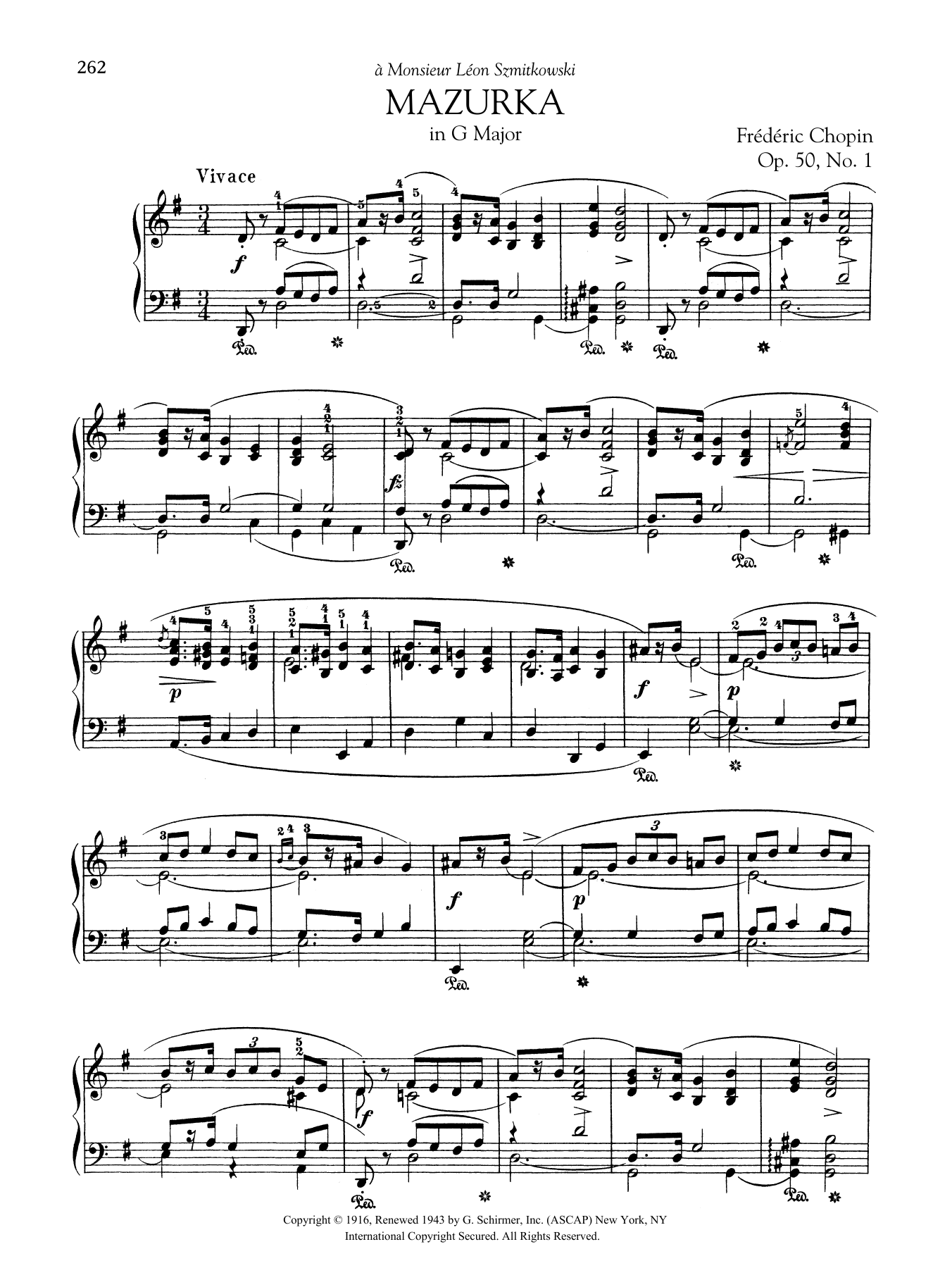 Frédéric Chopin Mazurka in G Major, Op. 50, No. 1 sheet music notes and chords arranged for Piano Solo