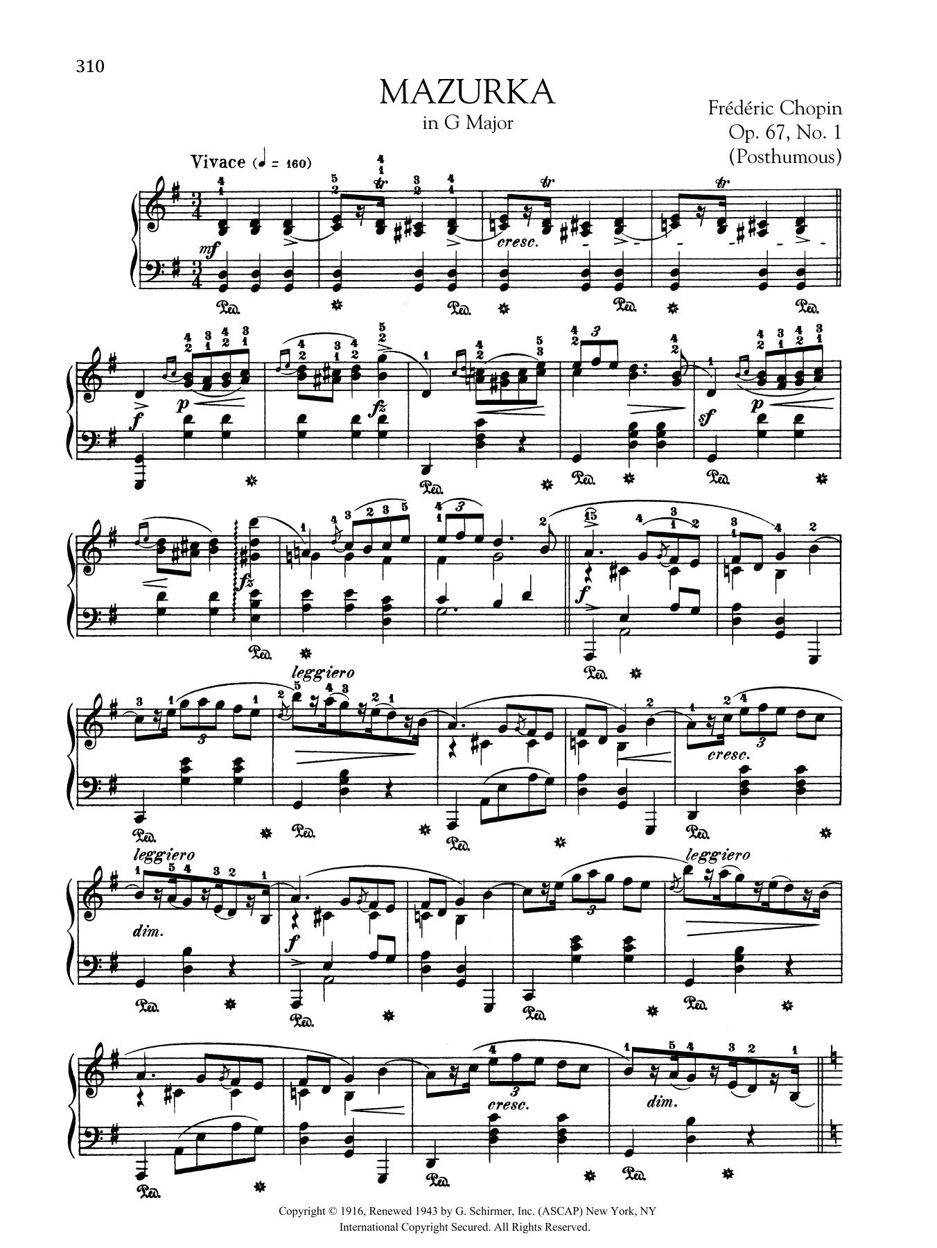 Frédéric Chopin Mazurka in G Major, Op. 67, No. 1 (Posthumous) sheet music notes and chords arranged for Piano Solo