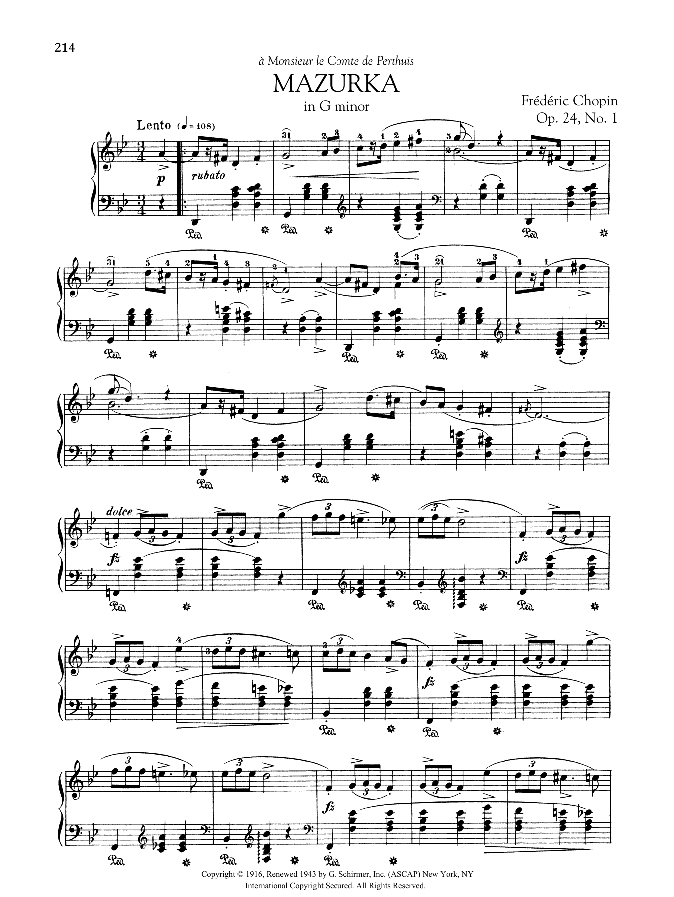 Frédéric Chopin Mazurka in G minor, Op. 24, No. 1 sheet music notes and chords arranged for Piano Solo