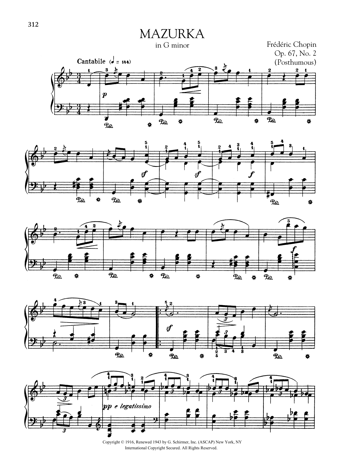 Frédéric Chopin Mazurka in G minor, Op. 67, No. 2 (Posthumous) sheet music notes and chords arranged for Piano Solo