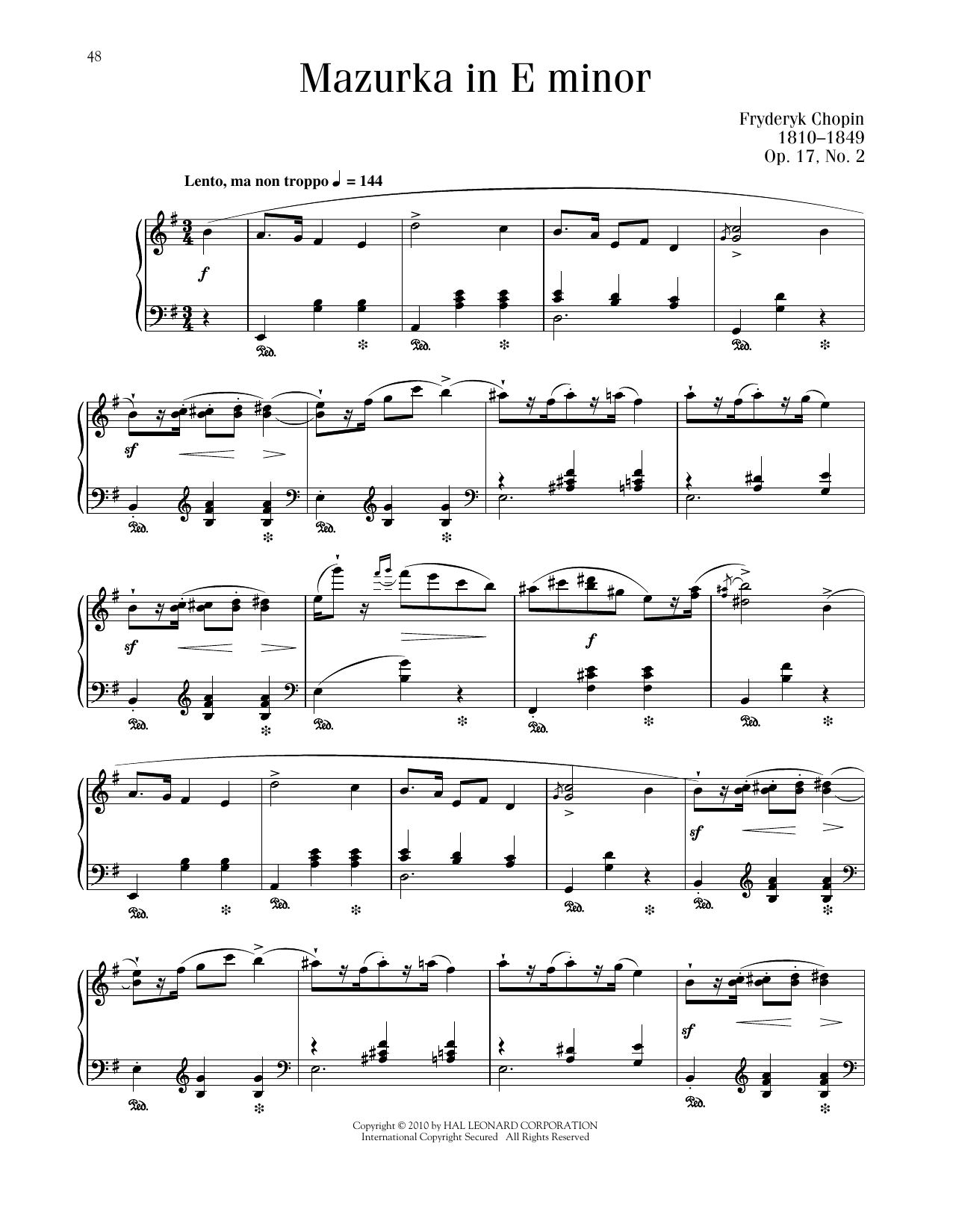 Frederic Chopin Mazurka, Op. 17, No. 2 sheet music notes and chords arranged for Piano Solo