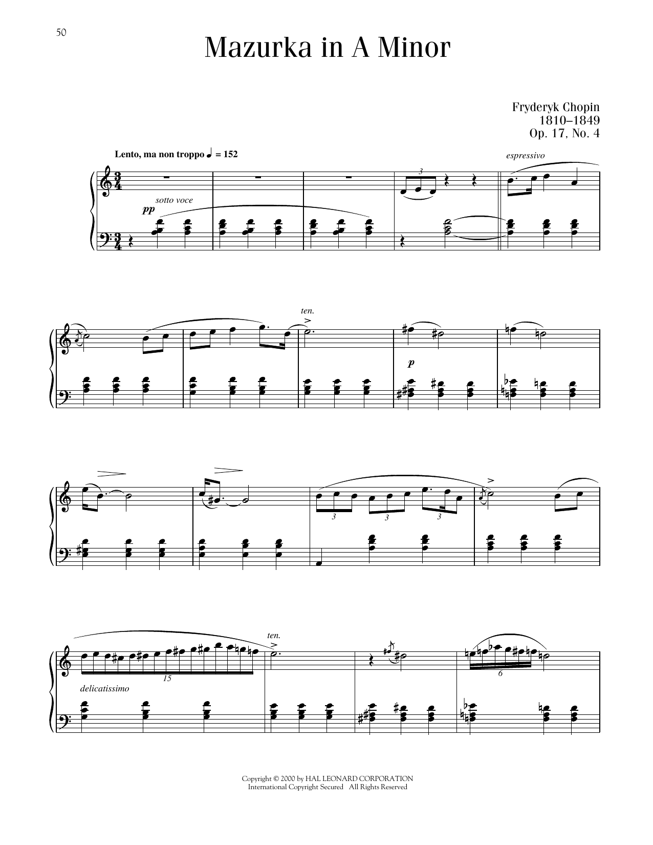 Frederic Chopin Mazurka, Op. 17, No. 4 sheet music notes and chords arranged for Piano Solo