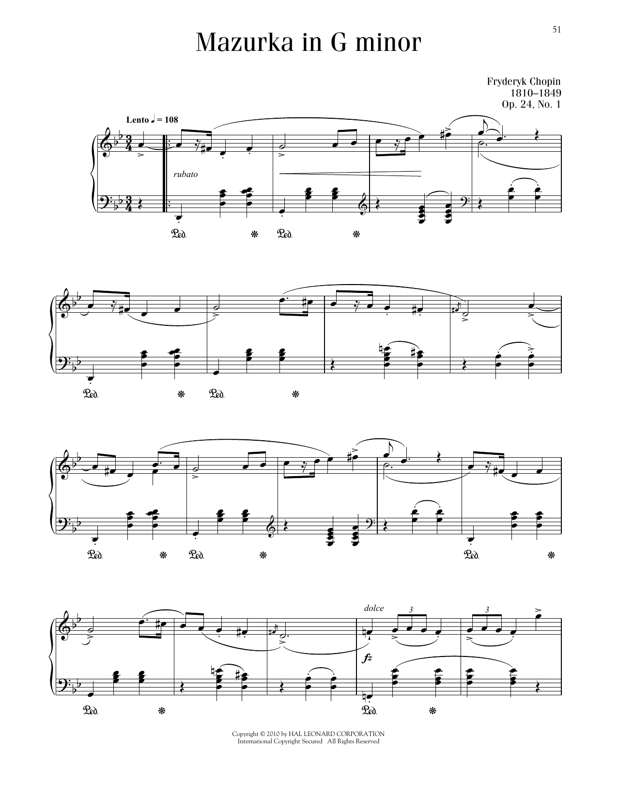 Frédéric Chopin Mazurka, Op. 24, No. 1 sheet music notes and chords arranged for Piano Solo