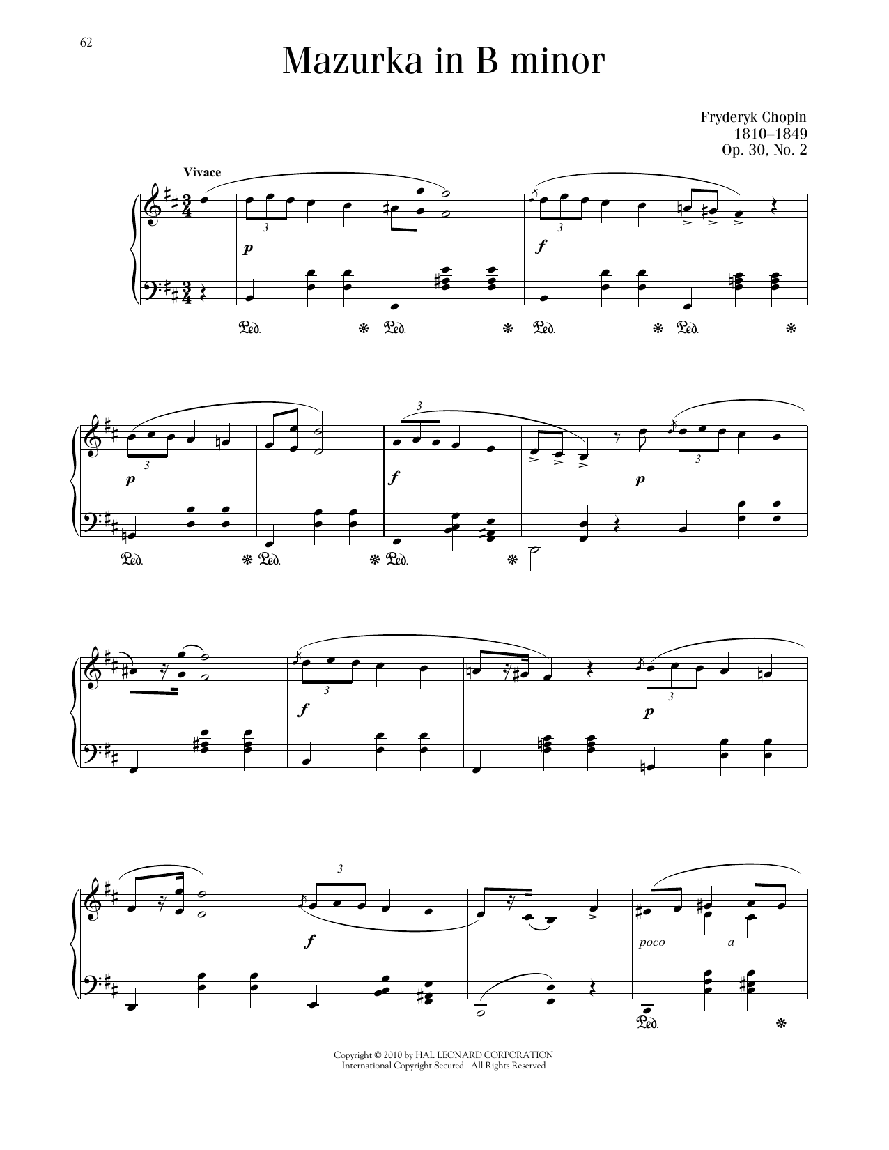 Frédéric Chopin Mazurka, Op. 30, No. 2 sheet music notes and chords arranged for Piano Solo