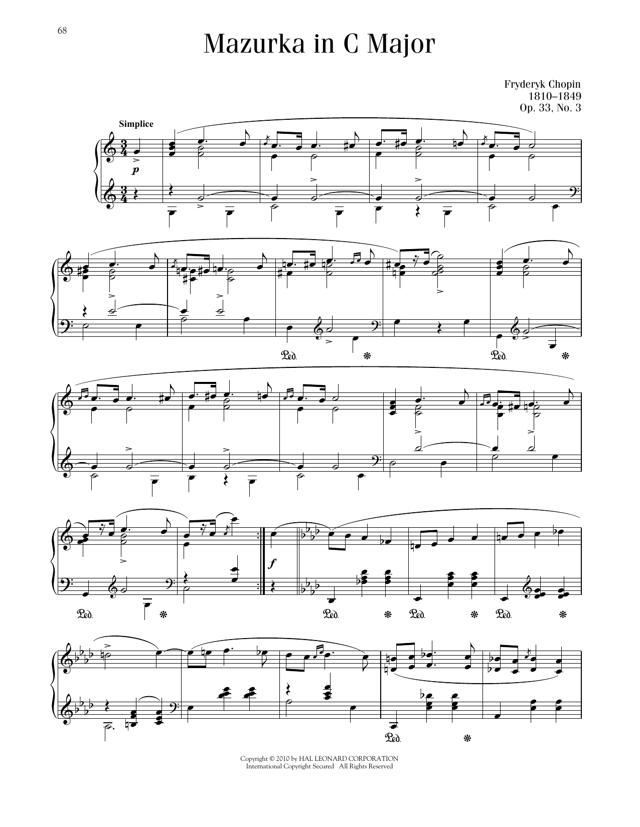 Frédéric Chopin Mazurka, Op. 33, No. 3 sheet music notes and chords arranged for Piano Solo