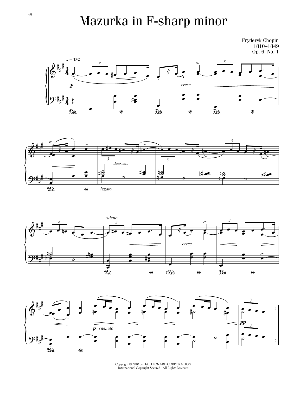 Frédéric Chopin Mazurka, Op. 6, No. 1 sheet music notes and chords arranged for Piano Solo