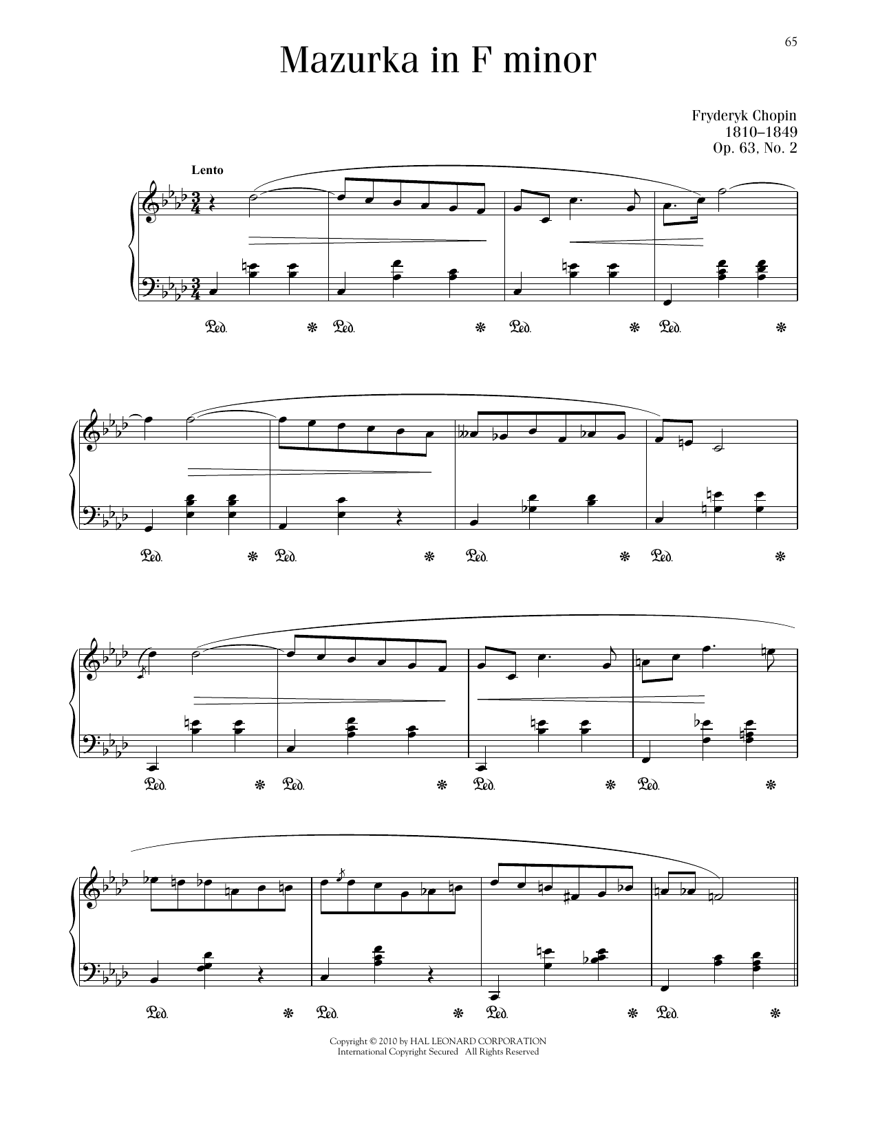 Frédéric Chopin Mazurka, Op. 63, No. 2 sheet music notes and chords arranged for Piano Solo