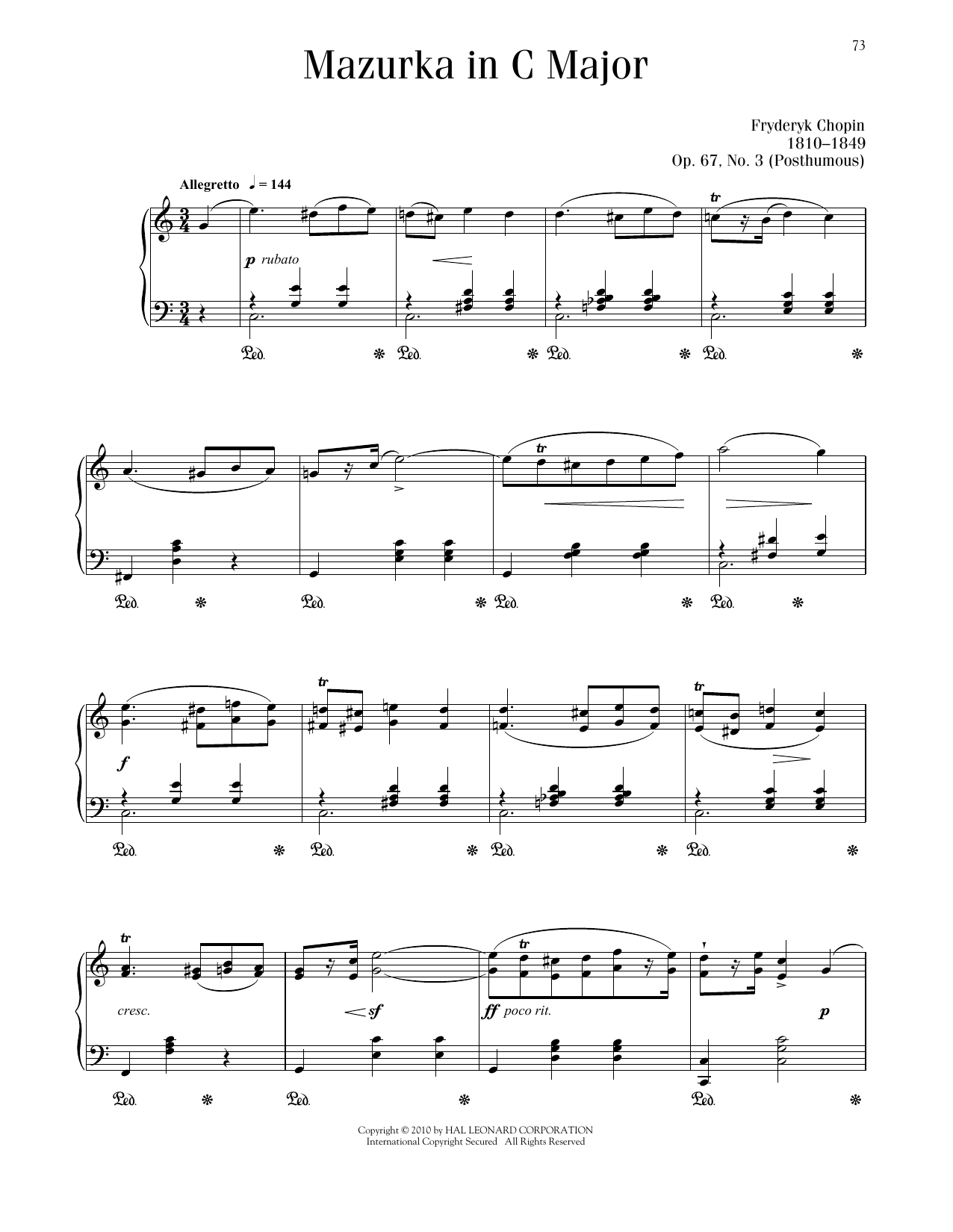 Frédéric Chopin Mazurka, Op. 67, No. 3 sheet music notes and chords arranged for Piano Solo