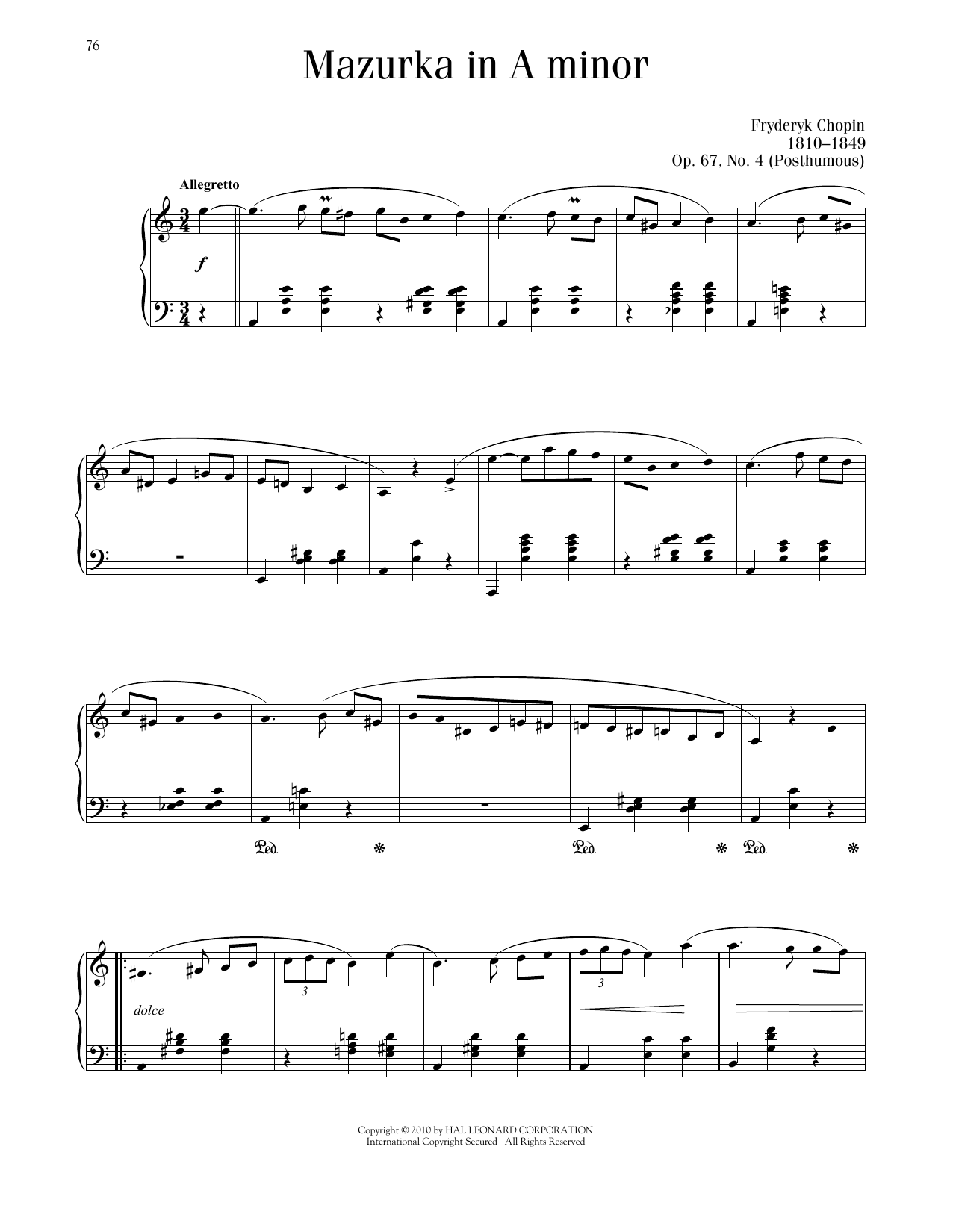 Frédéric Chopin Mazurka, Op. 67, No. 4 sheet music notes and chords arranged for Piano Solo