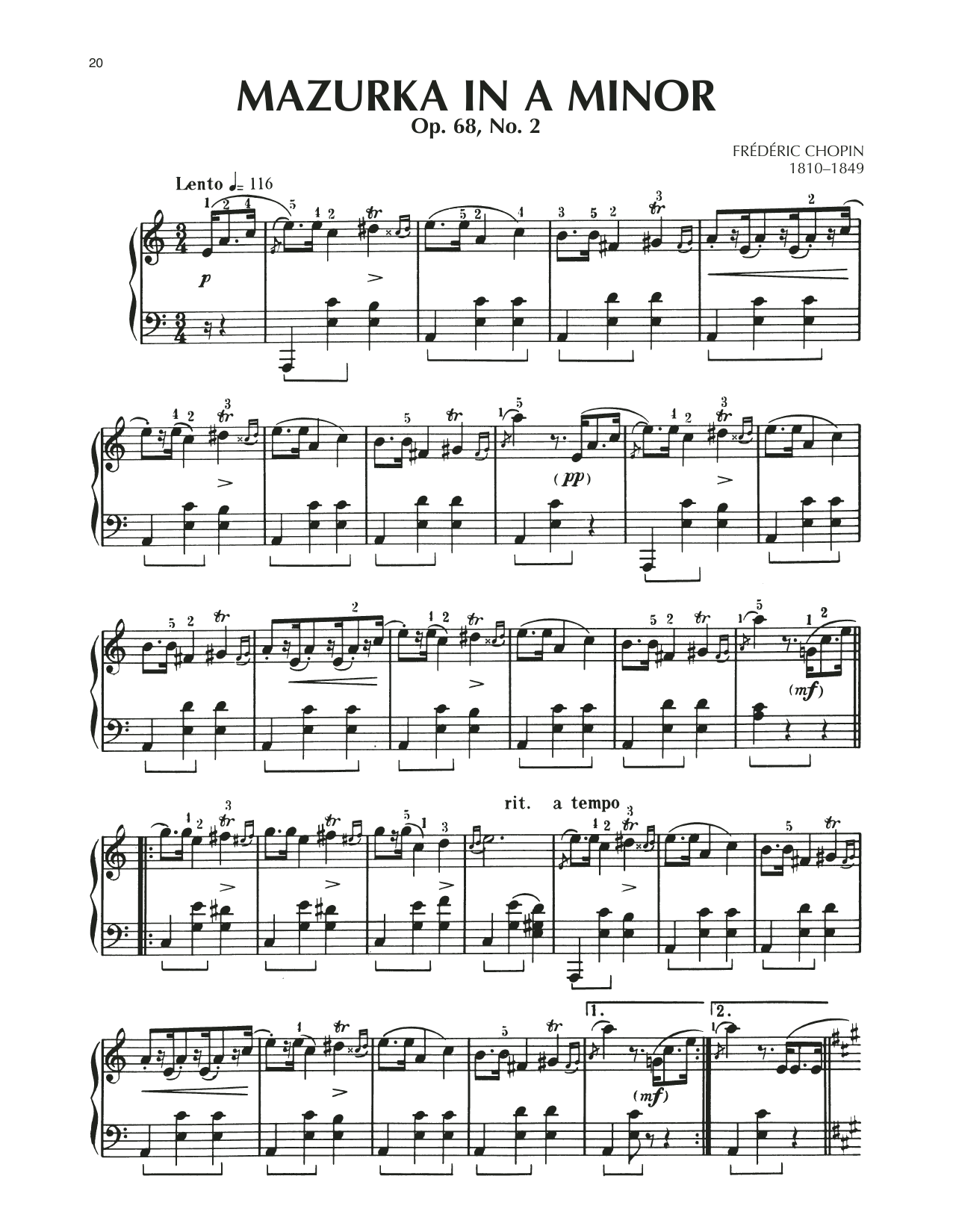 Frederic Chopin Mazurka, Op. 68, No. 2 sheet music notes and chords arranged for Piano Solo