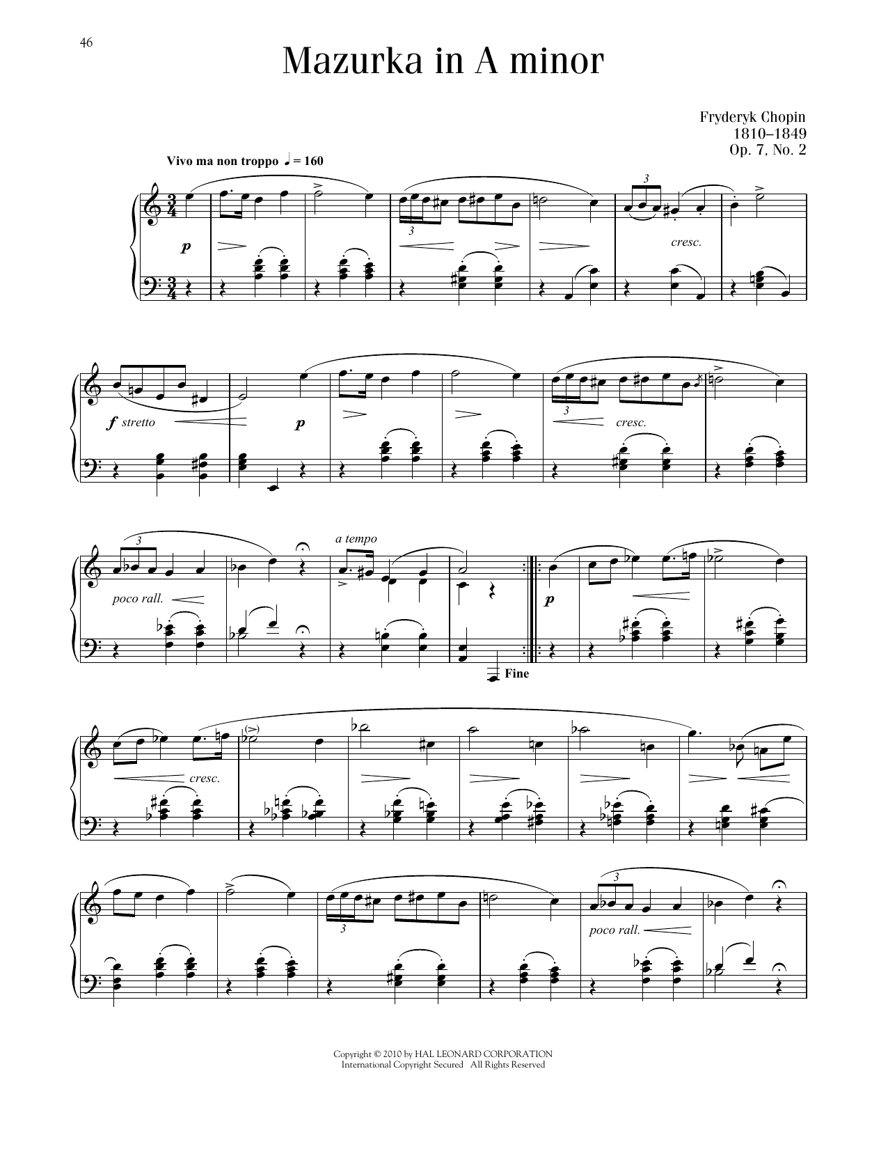 Frédéric Chopin Mazurka, Op. 7, No. 2 sheet music notes and chords arranged for Piano Solo