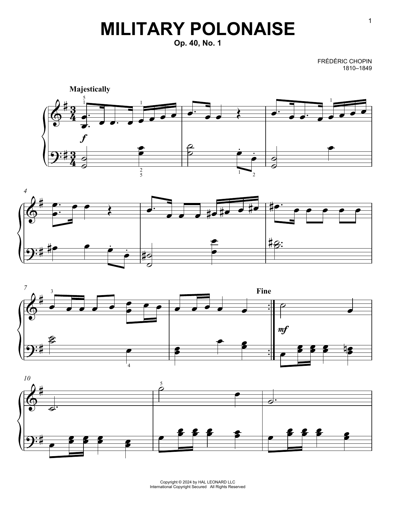 Frederic Chopin Military Polonaise, Op. 40, No. 1 sheet music notes and chords arranged for Easy Piano