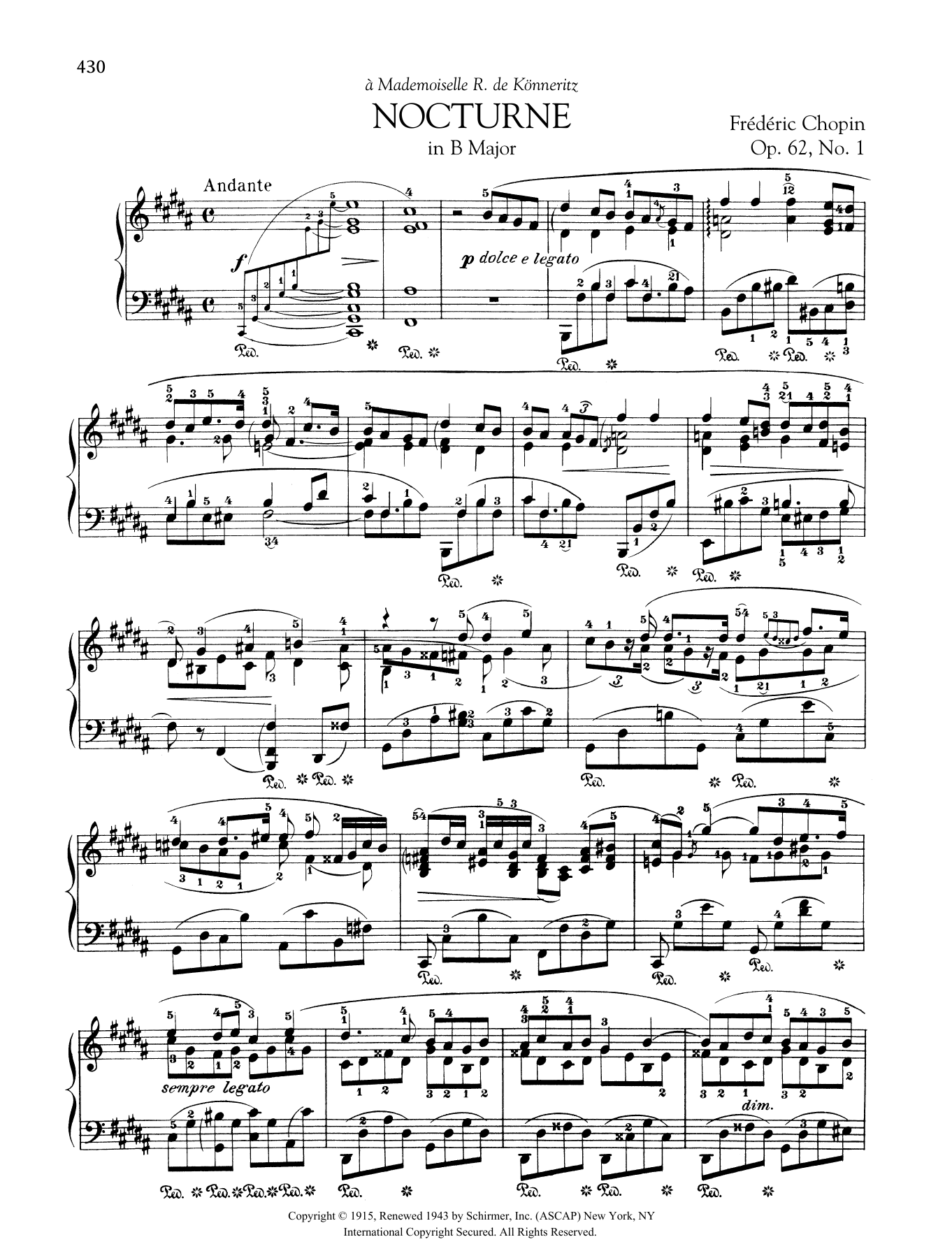 Frédéric Chopin Nocturne in B Major, Op. 62, No. 1 sheet music notes and chords arranged for Piano Solo